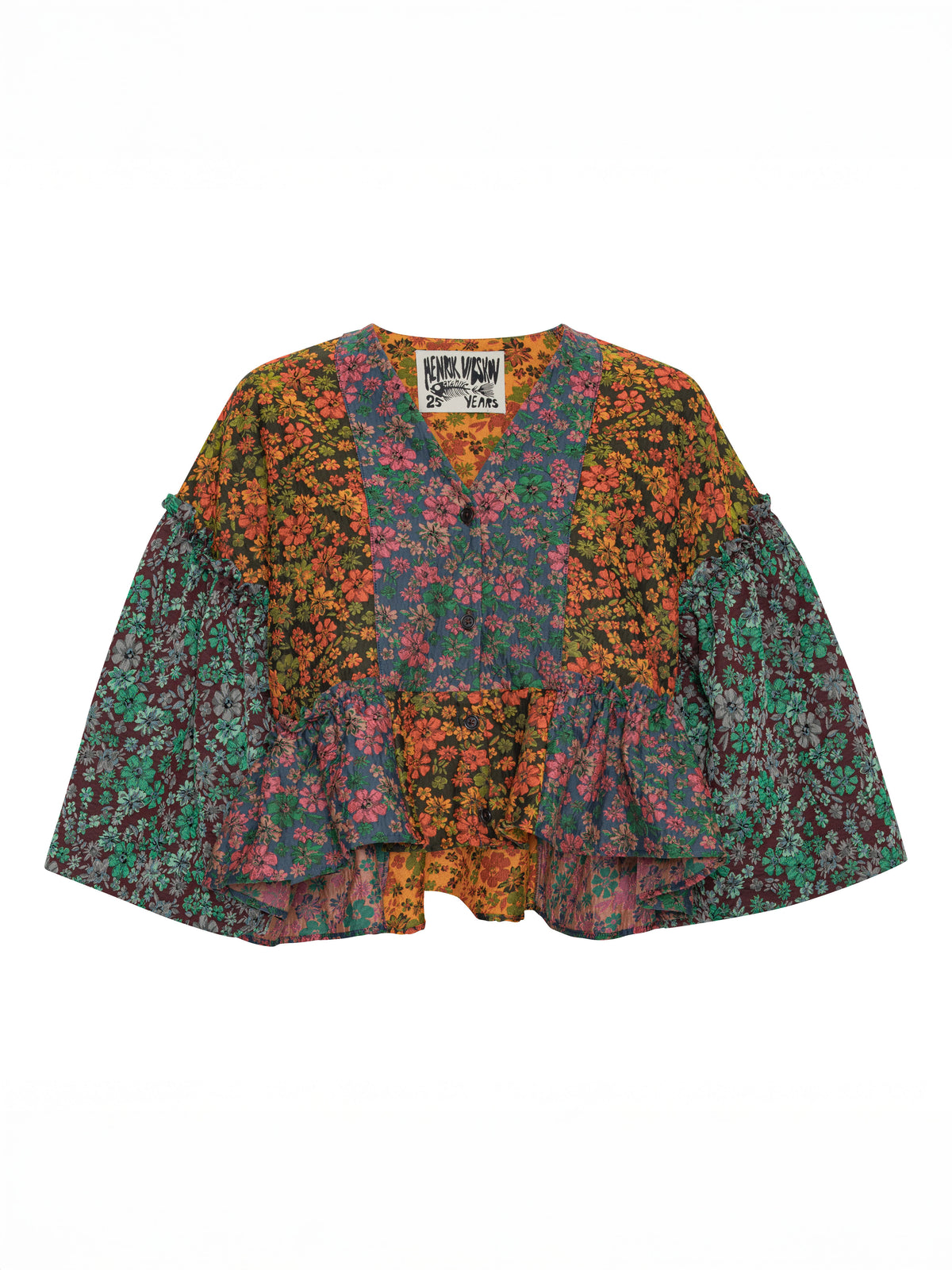 Henrik Vibskov Pumpkin Blouse in Floral Affairs with cropped silhouette, V-neckline, front button fastening, voluminous sleeves and peplum hem. ID: ARCHIVE-F205
