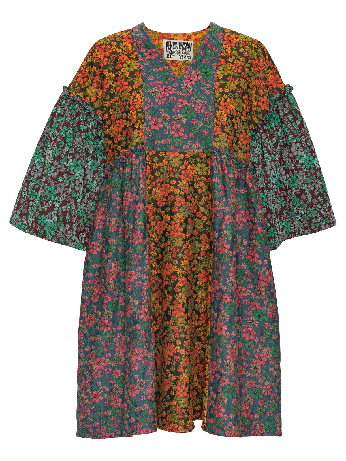 Henrik Vibskov Pumpkin Dress in Floral Affairs shown from the front, featuring contrasting floral panels, a V-neck and voluminous sleeves.