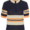 Navy, orange, and beige striped sweater with 'Alpine' and 'Vibsini' text on a white background