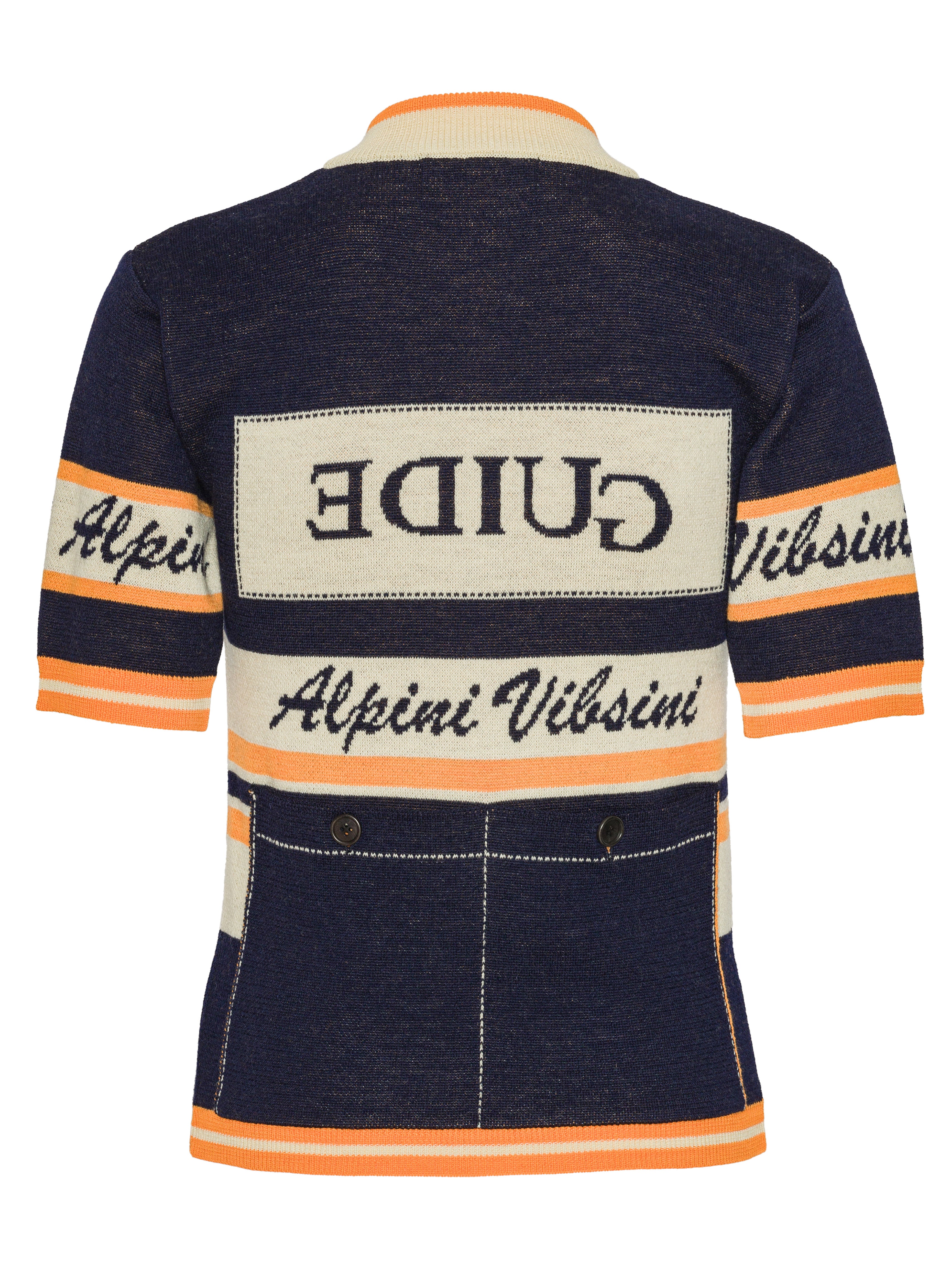 Back view of a navy blue jacket with orange and beige accents featuring brand names.