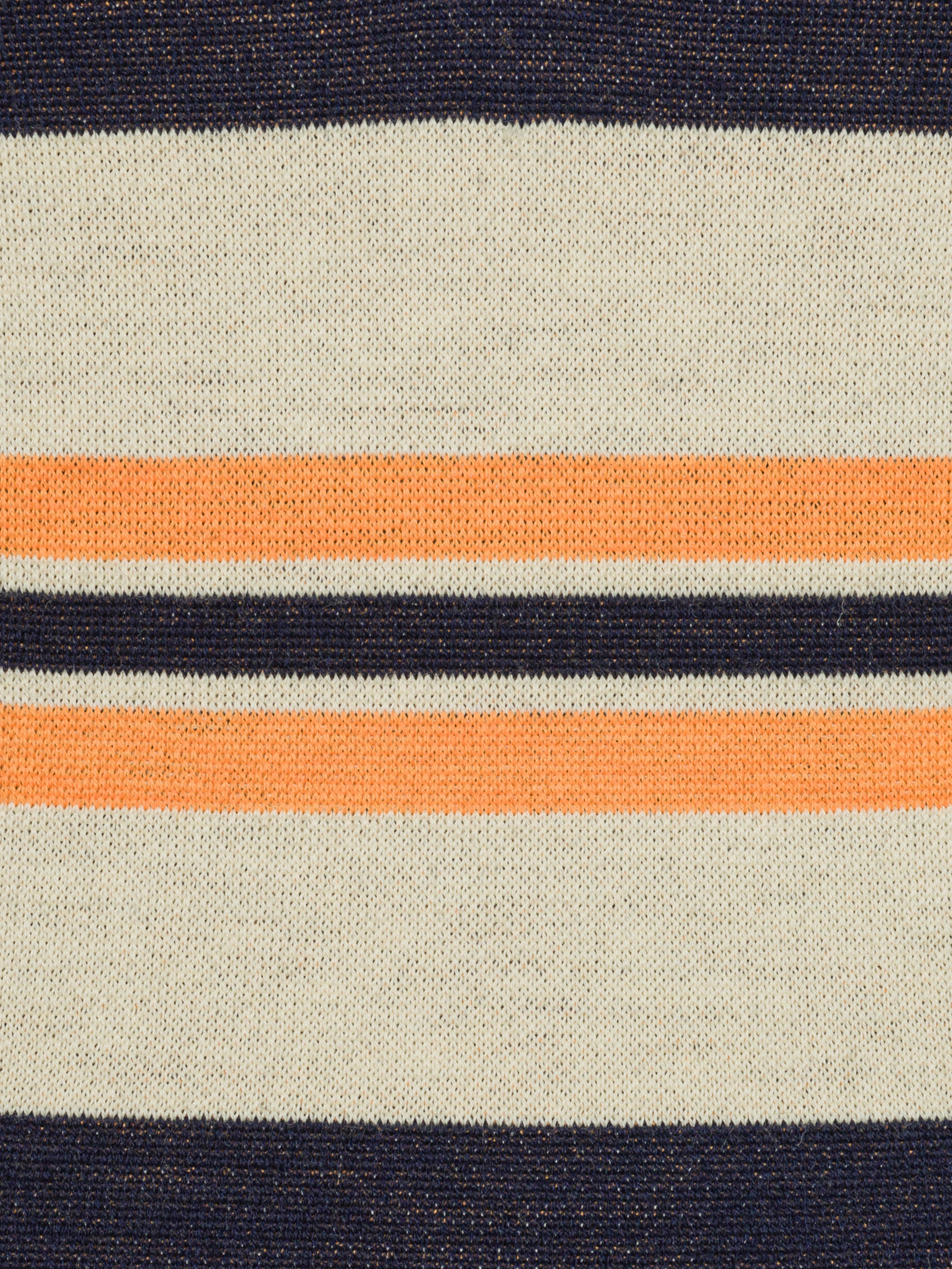 Close-up of a fabric with horizontal stripes in orange, black, and beige.