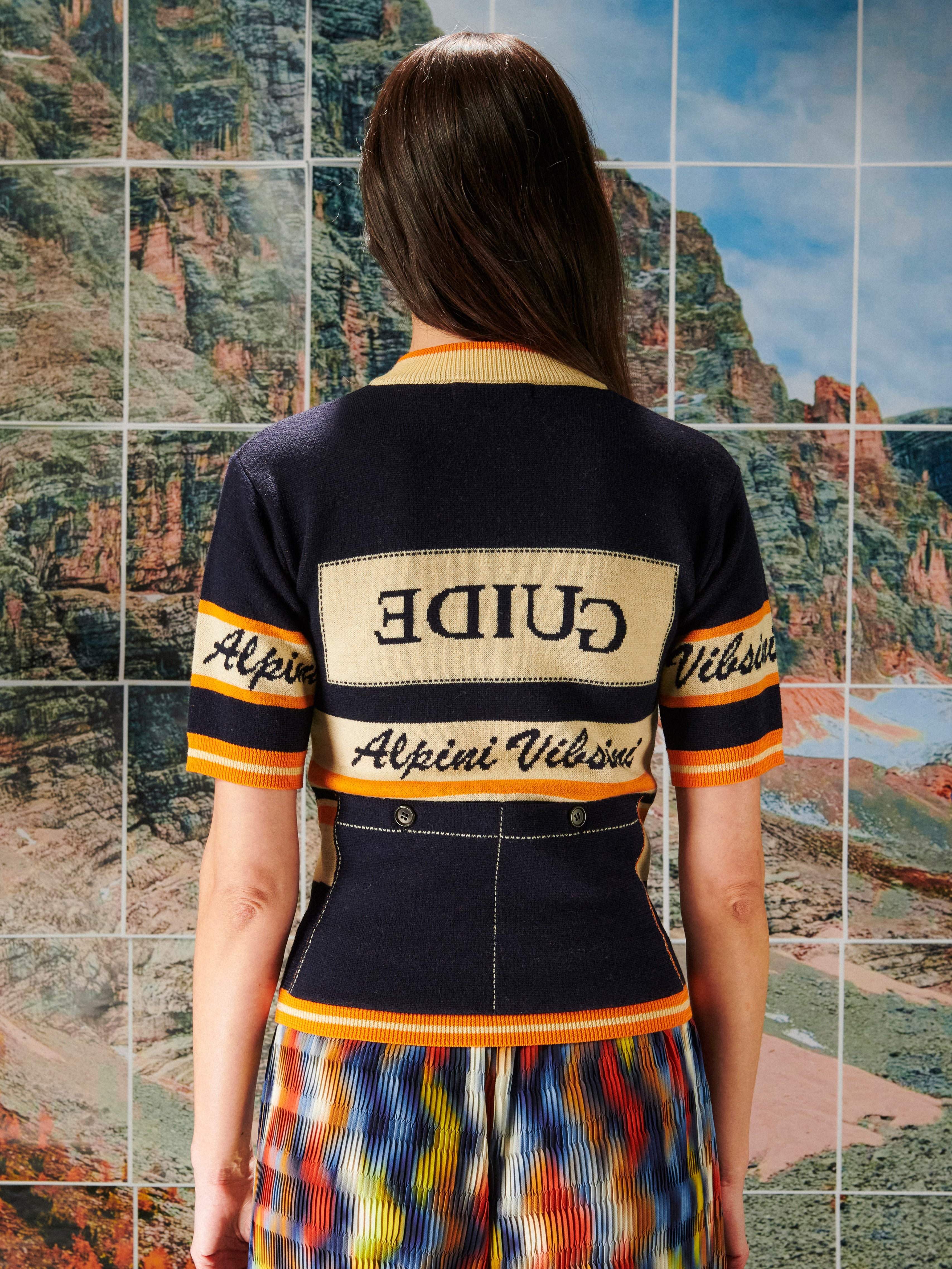 Person wearing a black and beige striped sweater with 'Alpini Vibsini' branding, standing in front of a tiled wall with a mountainous landscape.