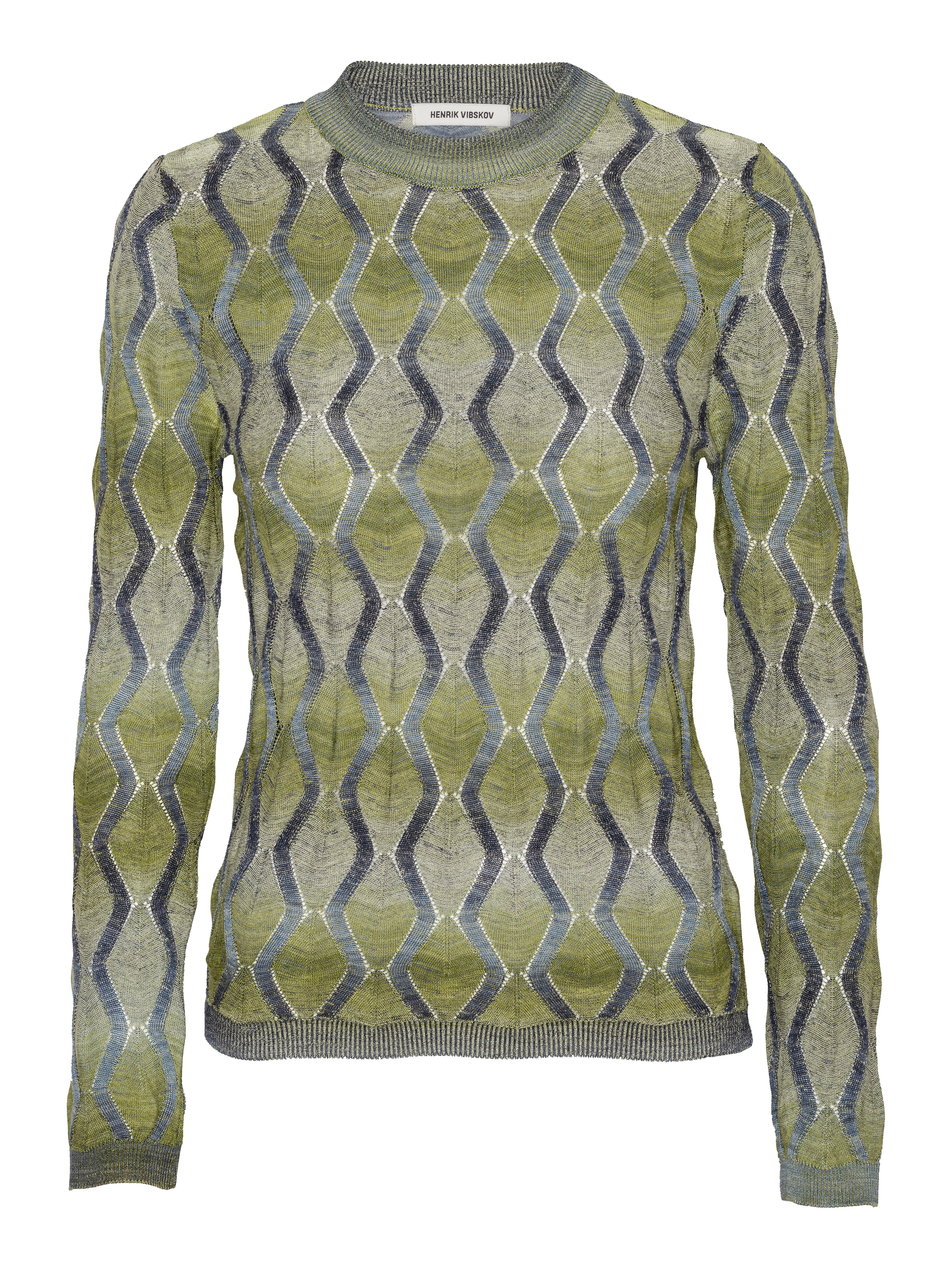 Resonance Longsleeve in Multi Flame green and silver patterned long sleeve top with snug round neck and ribbed hems, front view – Henrik Vibskov Spring/Summer 2026 Key Collection