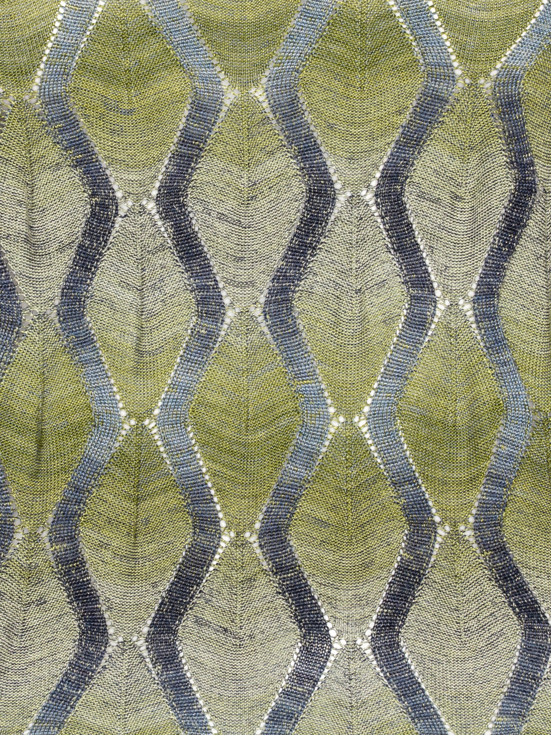 Close-up of allover silver pattern and ribbed hem detail on the Resonance Longsleeve in Multi Flame green viscose top – Henrik Vibskov Spring/Summer 2026 Key Collection