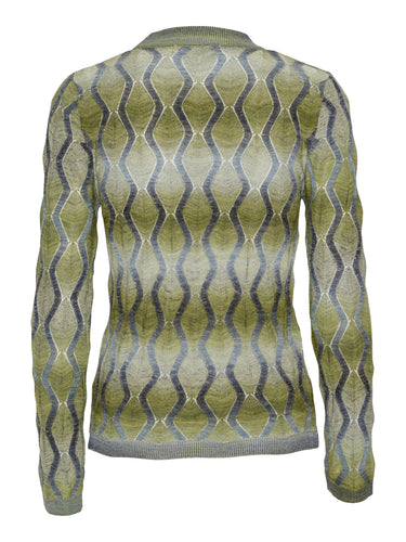 Resonance Longsleeve in Multi Flame green and silver patterned long sleeve top with ribbed hems and form-fitting silhouette, back view – Henrik Vibskov Spring/Summer 2026 Key Collection
