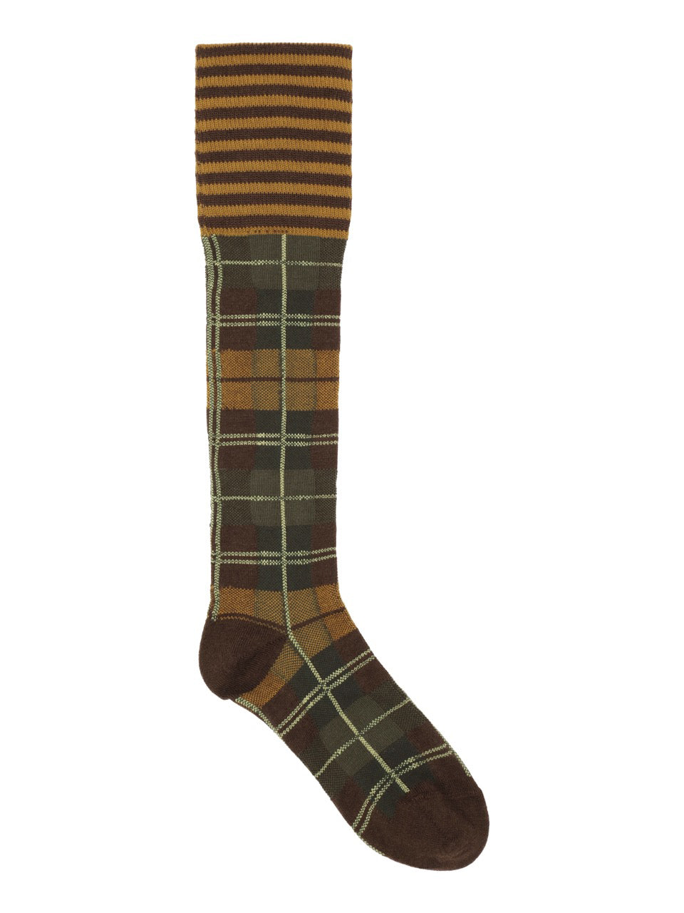 Henrik Vibskov Ribbit Knee Sock in brown green dashed checks with knee-high length, striped ribbed cuff and reinforced heel and toe