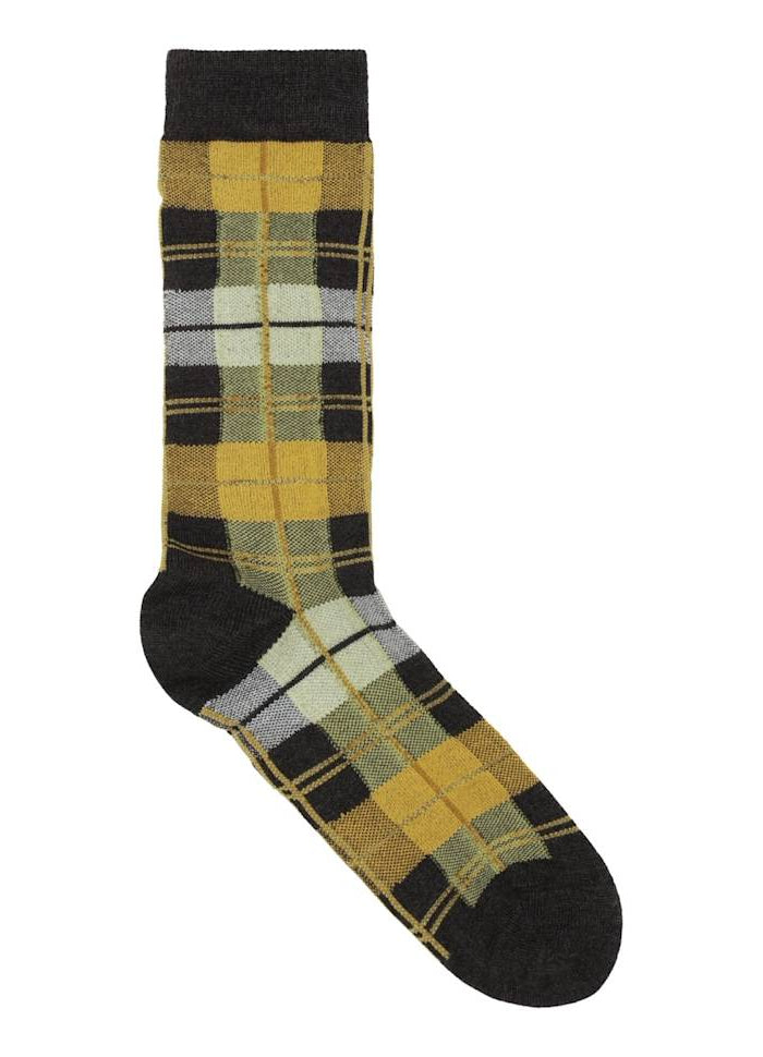 A single knee-high sock with a yellow, black, and gray plaid pattern, shown against a plain white background.