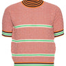 Pink-orange knitted top with stripe details from Henrik Vibskov on a white background.