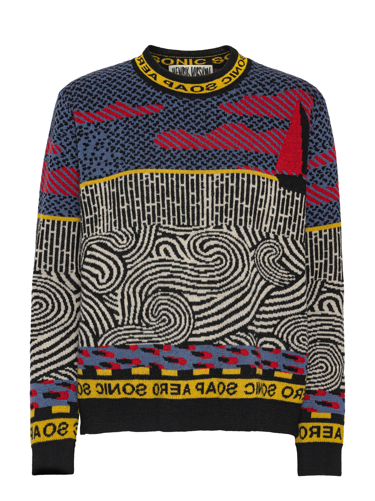Henrik Vibskov Sail Knit Sweat in Stormy Sea shown from the front, featuring a multicoloured graphic jacquard knit, crew neck and ribbed trims.