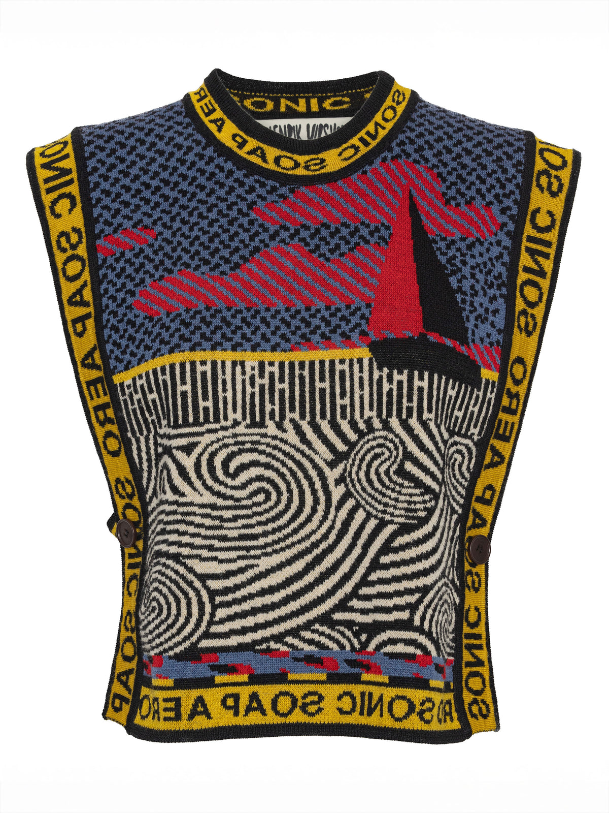 Henrik Vibskov Sail Knit Vest in Stormy Sea shown from the front, featuring graphic knitted panels, contrast text trims and side button details.