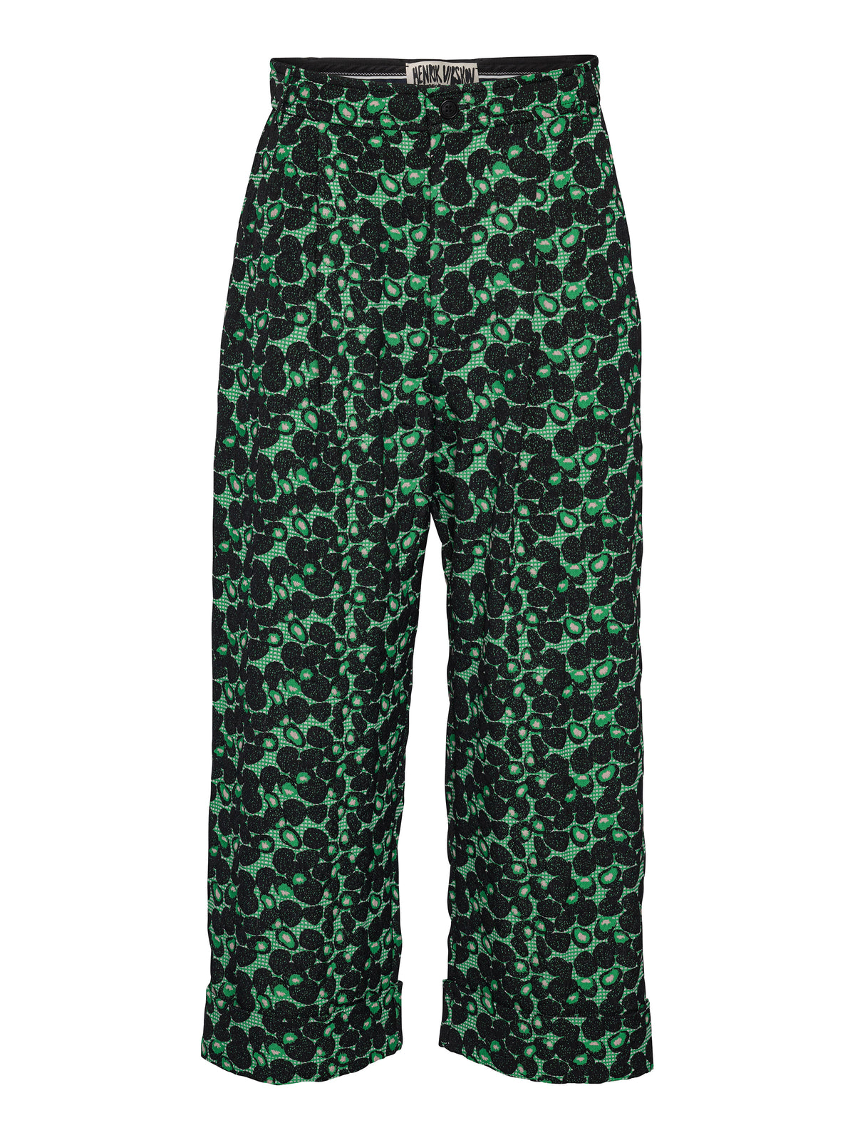 Henrik Vibskov Say Cotton Pants in Dark Green Berries shown from the front, featuring an all-over berry pattern, high-rise waist and wide legs.