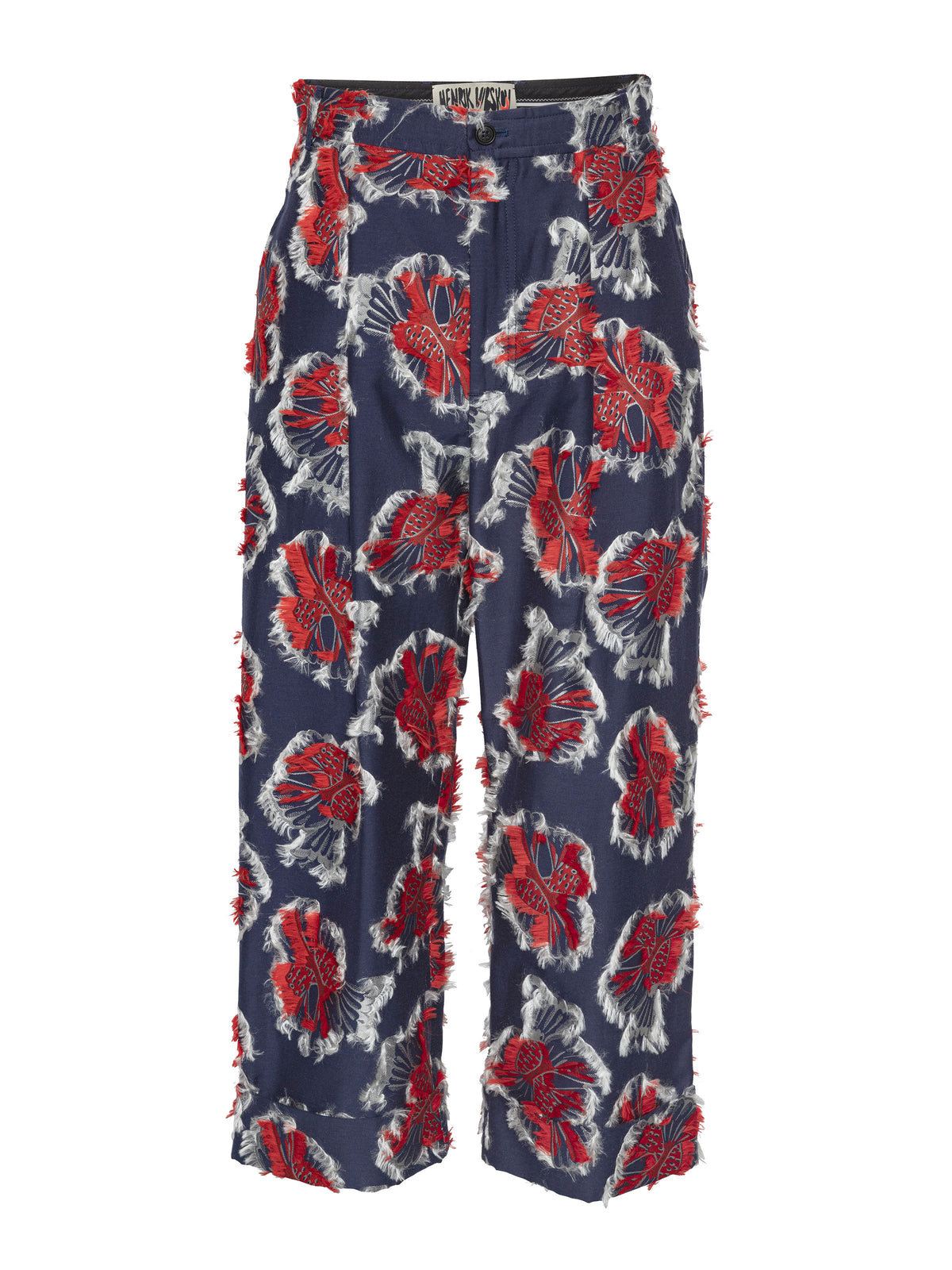Henrik Vibskov Say Cotton Pants in Red Navy Birdy, front view showing a cropped straight-leg silhouette, all-over bird motif, raised fringe jacquard and structured waistband.