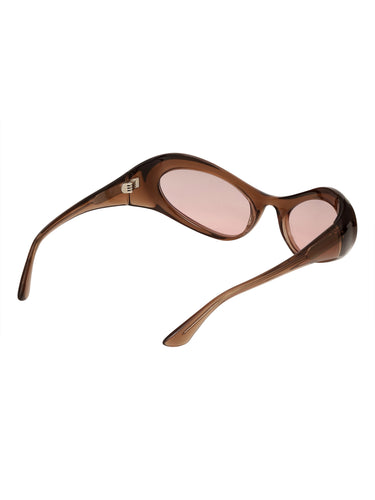 Side view of Scott sunglasses showing the curved brown frame and streamlined sport-style arms.