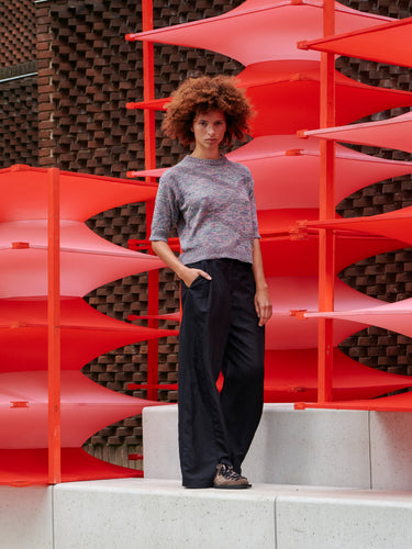 Model wearing the Silk Net Blouse in Multi Papavero mix colour cropped boxy knit with zig zag texture detail and ribbed round neck, front view – Henrik Vibskov Spring/Summer 2026 Key Collection