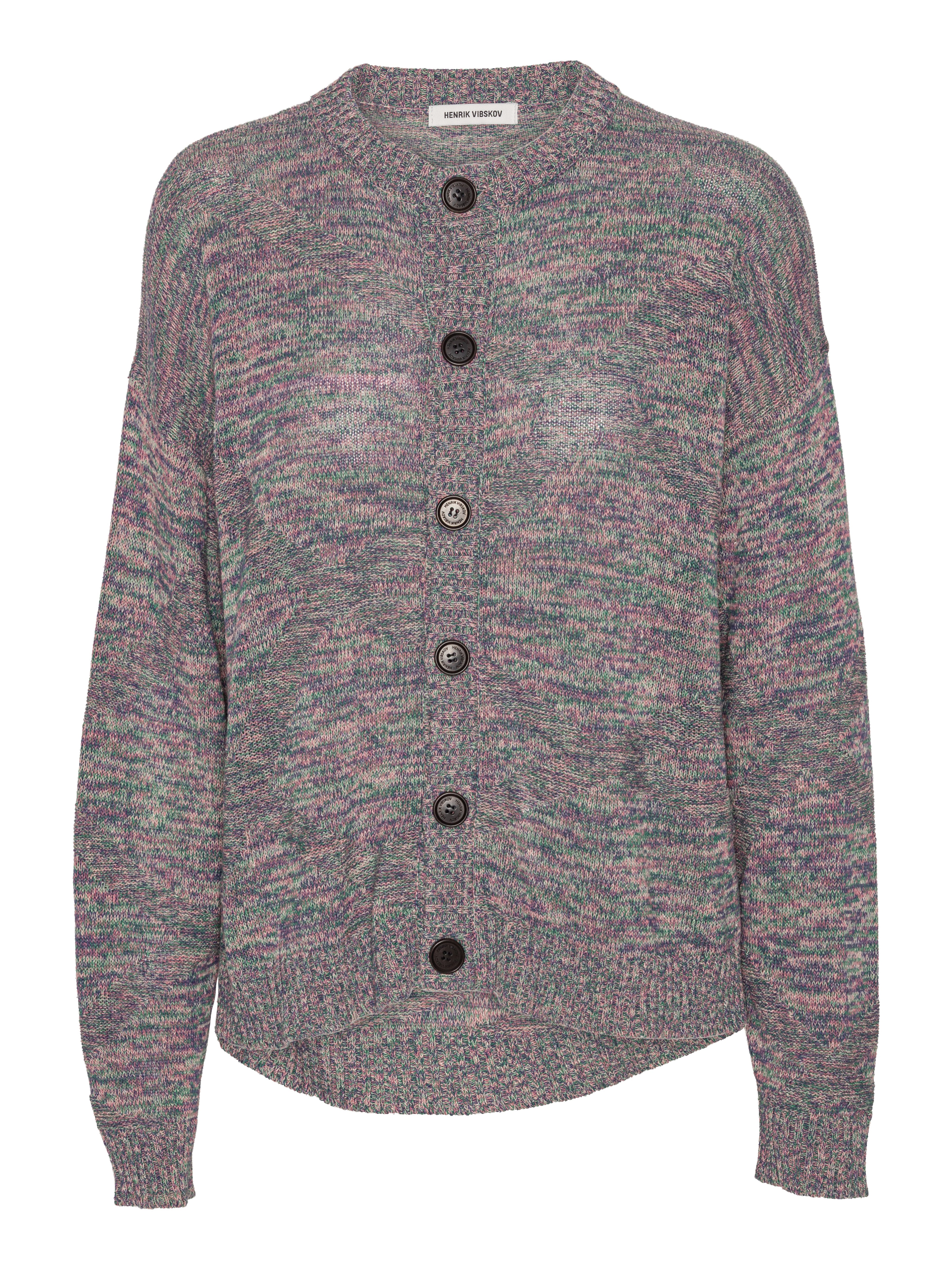 Front view of the multi brown-grey Silk Net Cardigan with round ribbed neck, front button closure, long sleeves, and ribbed hems.
