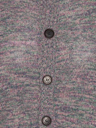 Close-up showing the textured silk net fabric, multi brown-grey color tones, and buttons of the cardigan.