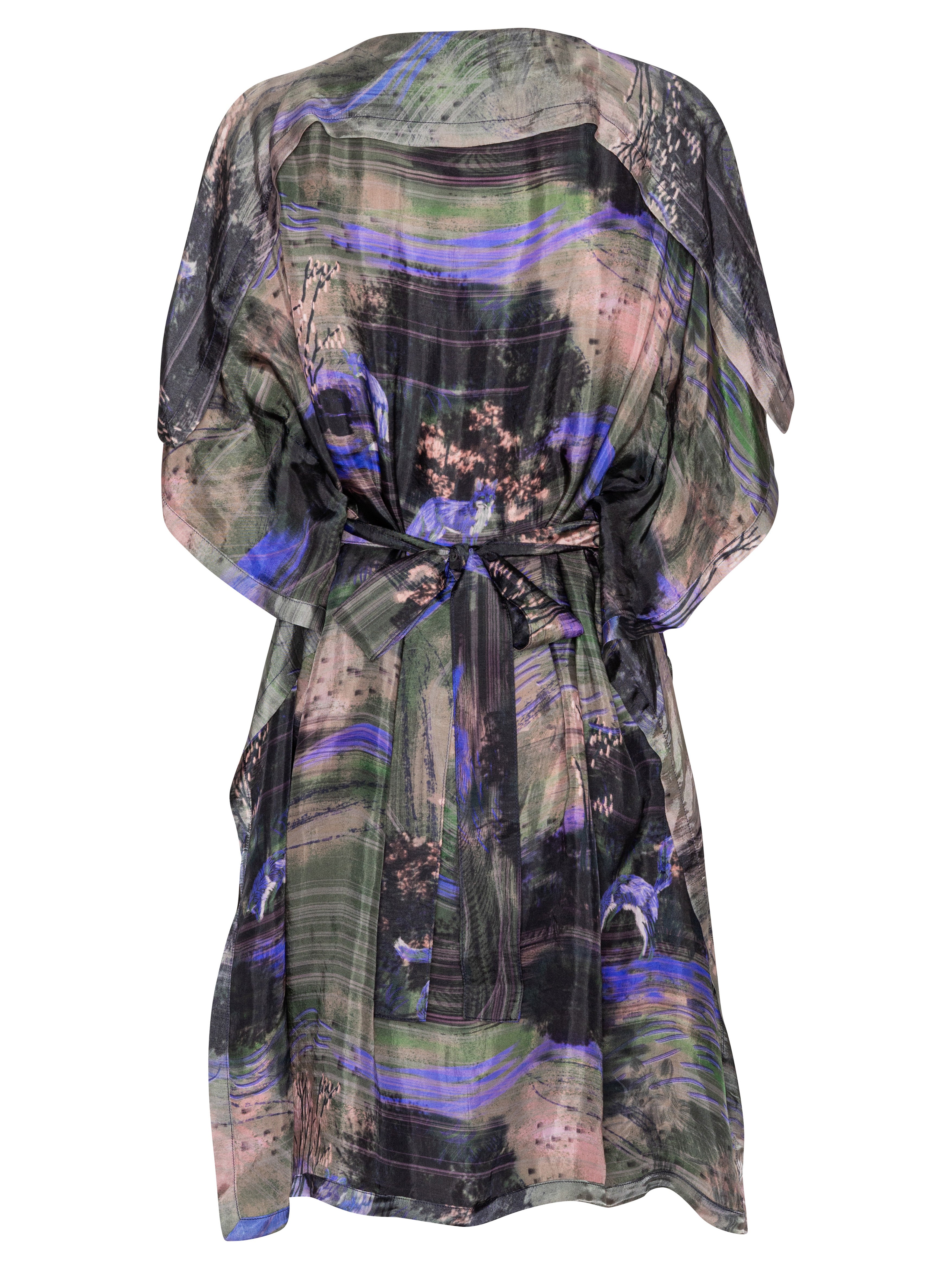 Multicolored patterned dress with a belt on a white background