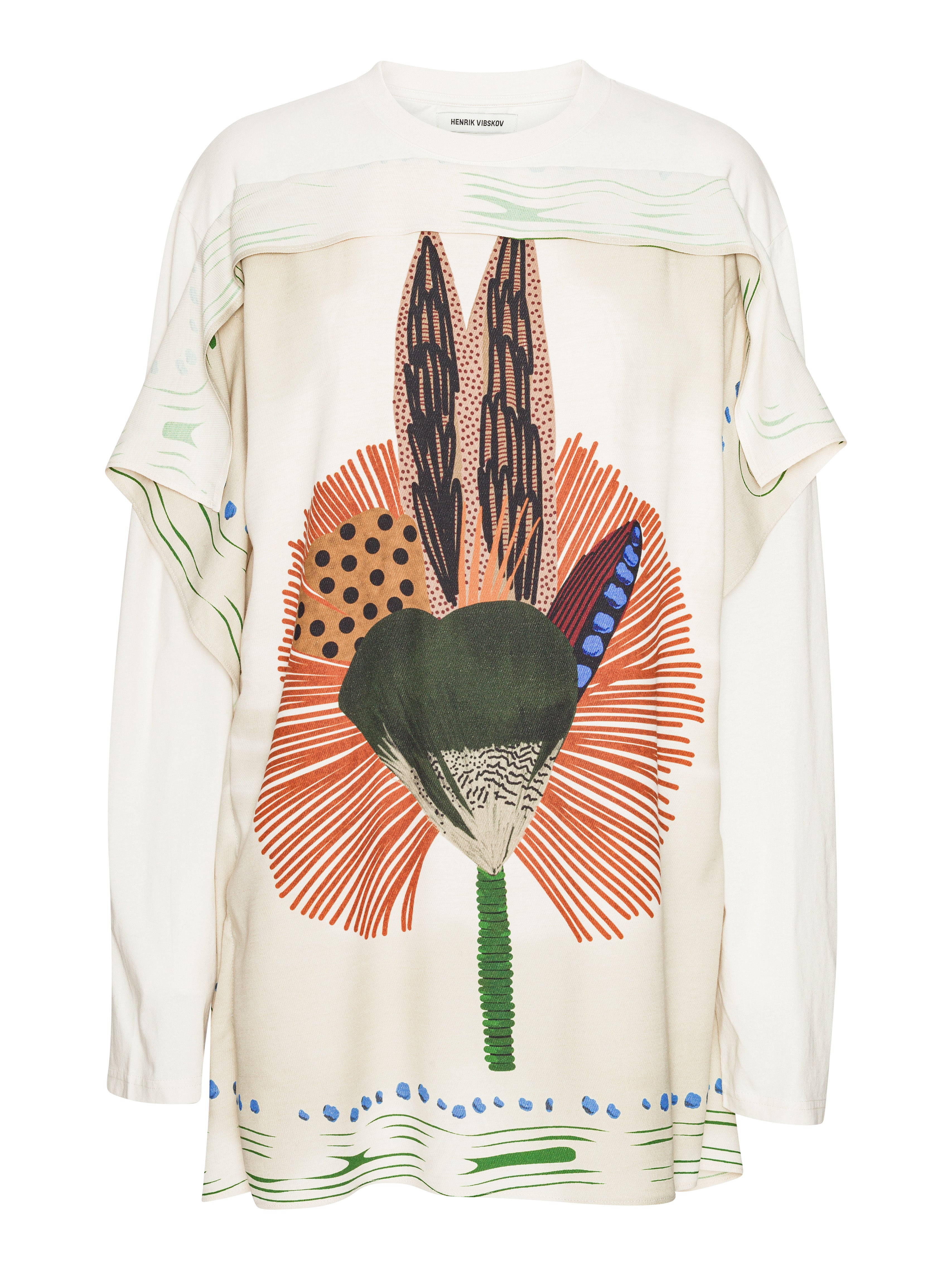 Long-sleeve shirt with a colorful abstract design on a white background