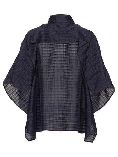 Back view of dark blue short sleeve shirt on a white background