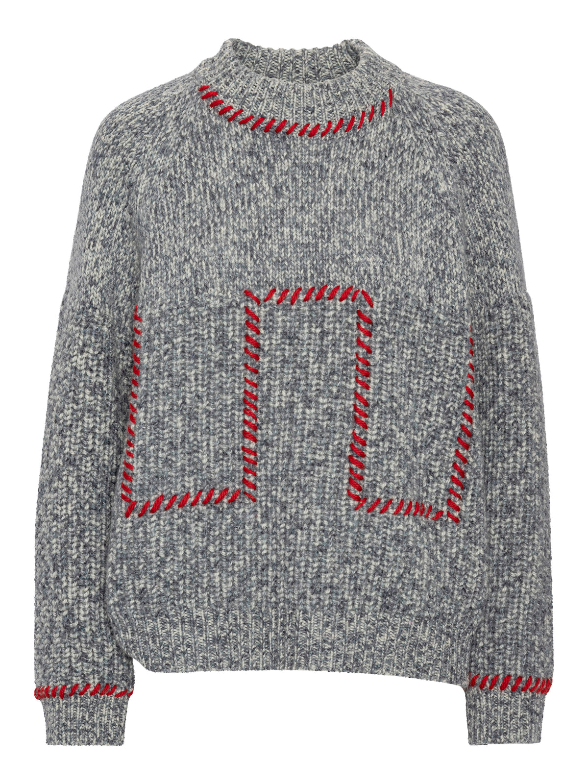 Henrik Vibskov Stitch Jumper in Red Stitch Grey Melange with chunky grey knit, ribbed neckline and red stitch detailing.