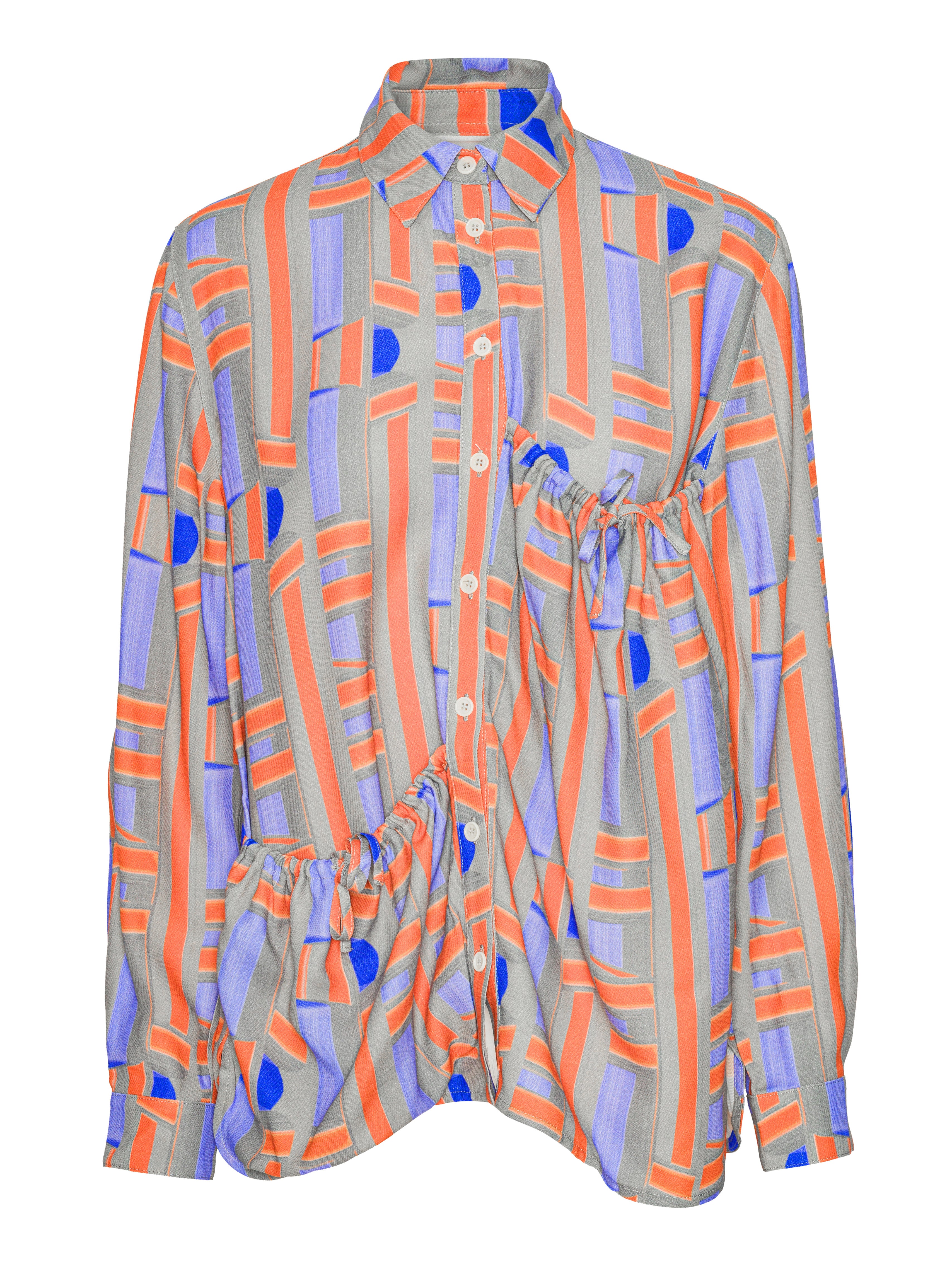 Colorful geometric patterned shirt from Henrik Vibskov on a white background