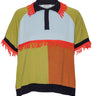 Colorful short sleeve knitted polo with fringed details on a white background