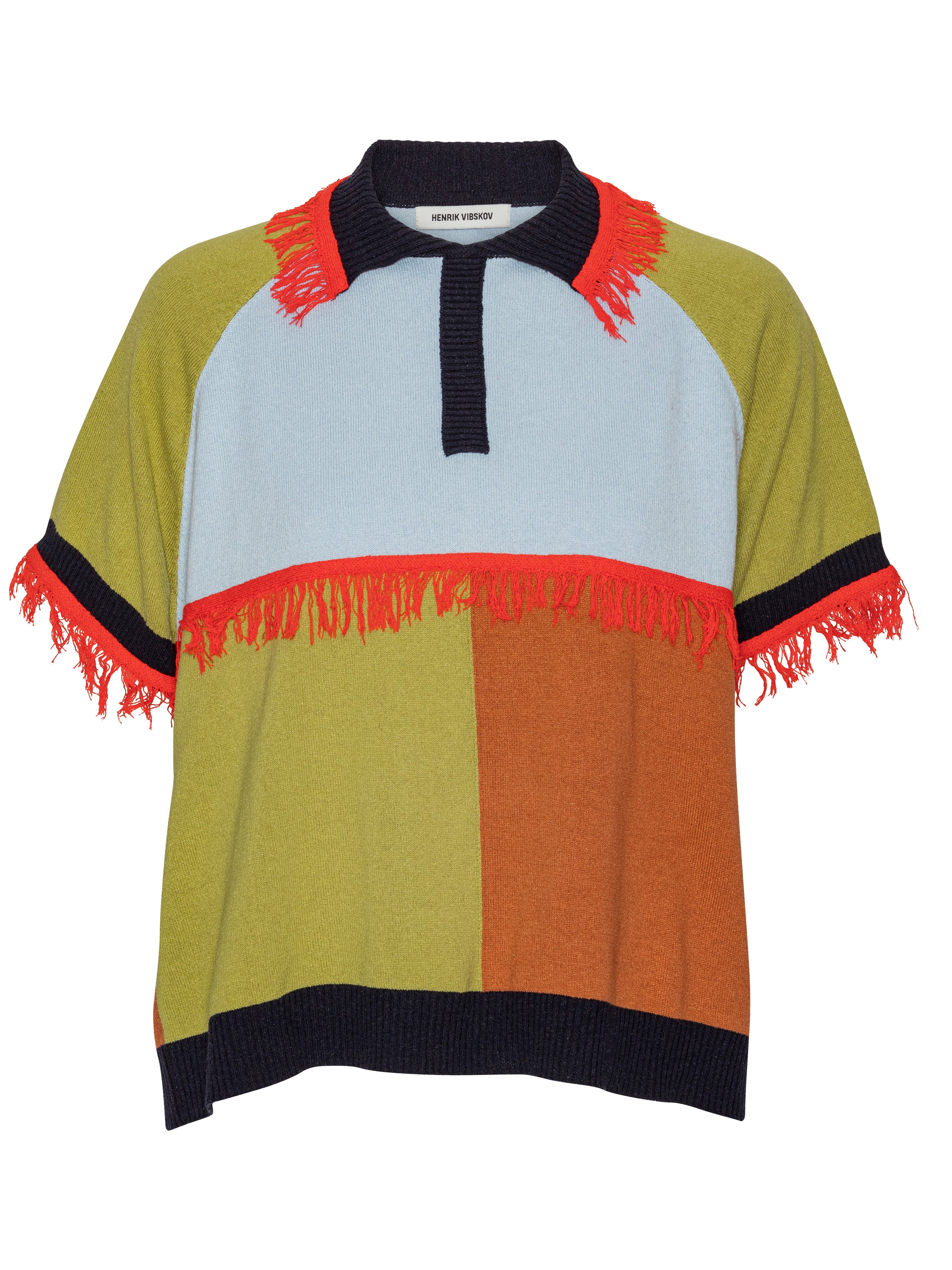 Colorful short sleeve knitted polo with fringed details on a white background