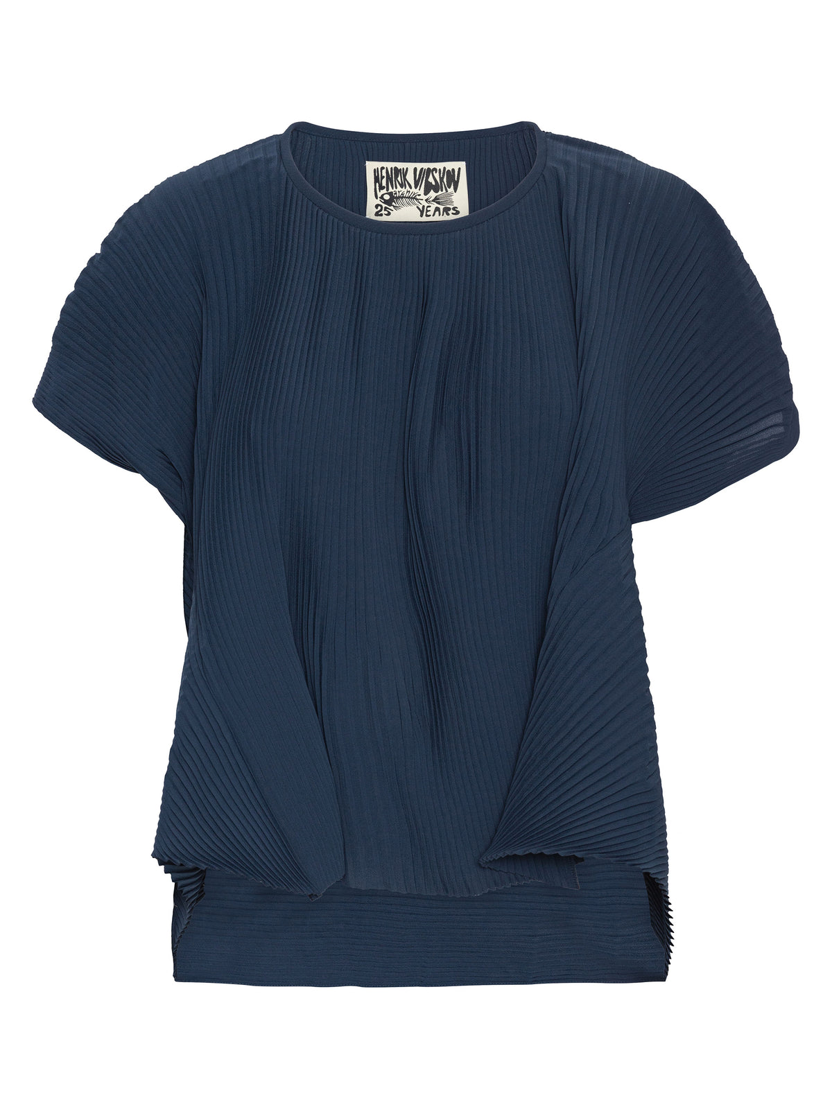 Henrik Vibskov Thumb Plisse Blouse in Dress Blues shown from the front, featuring pleated fabric, short sleeves and sculptural panel detailing.