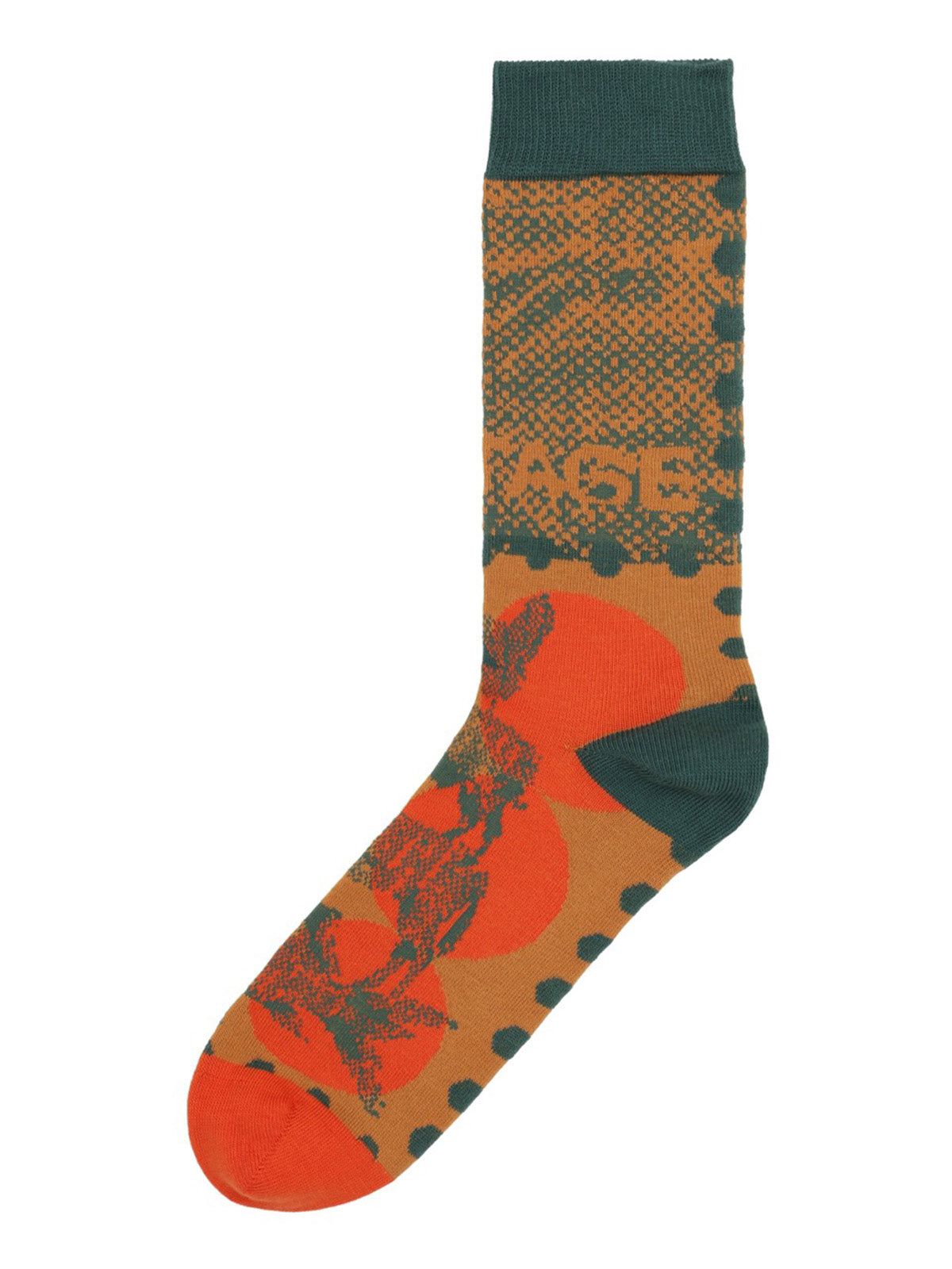 Henrik Vibskov Tower Sock in Postage Mandarin Dots, orange and green jacquard knit with contrast heel and toe