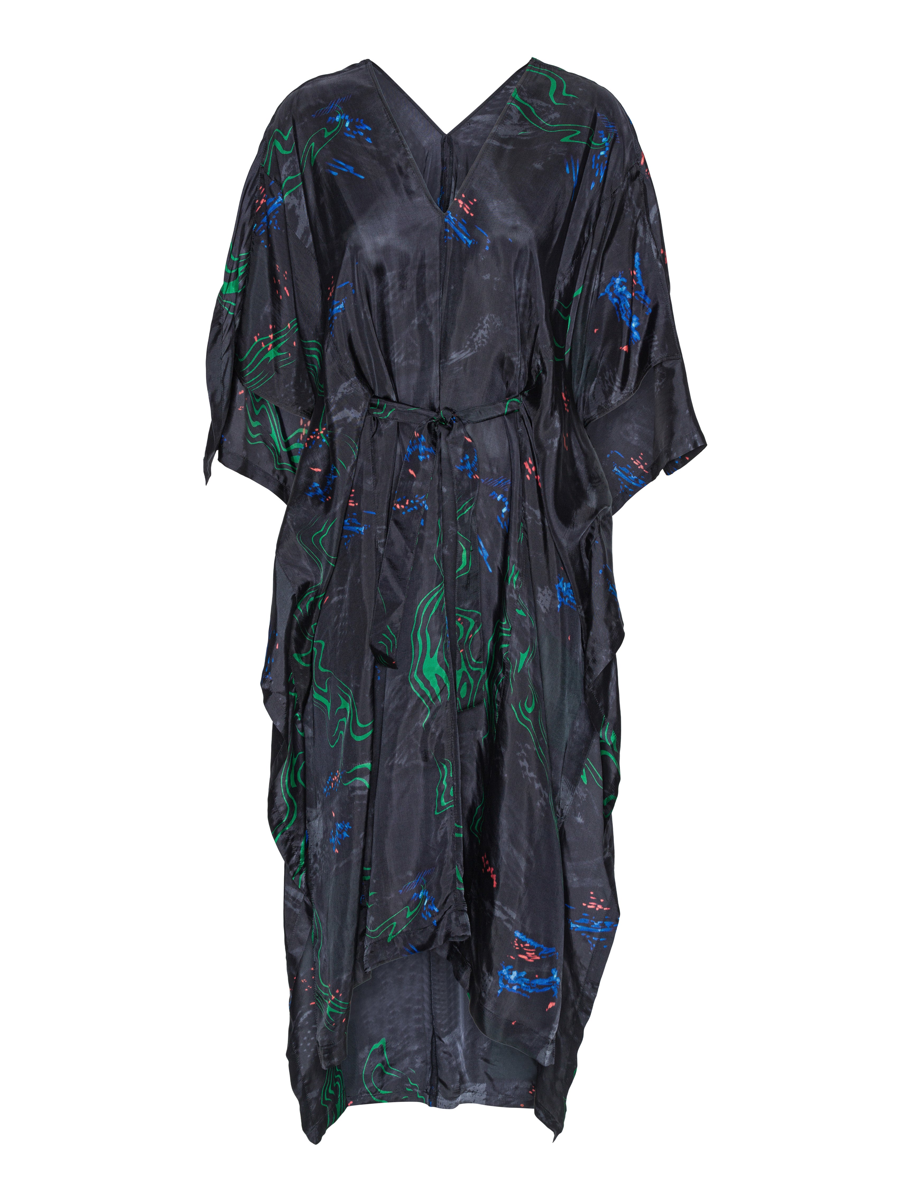 Black dress with colorful firework patterns from Henrik Vibskov on a white background