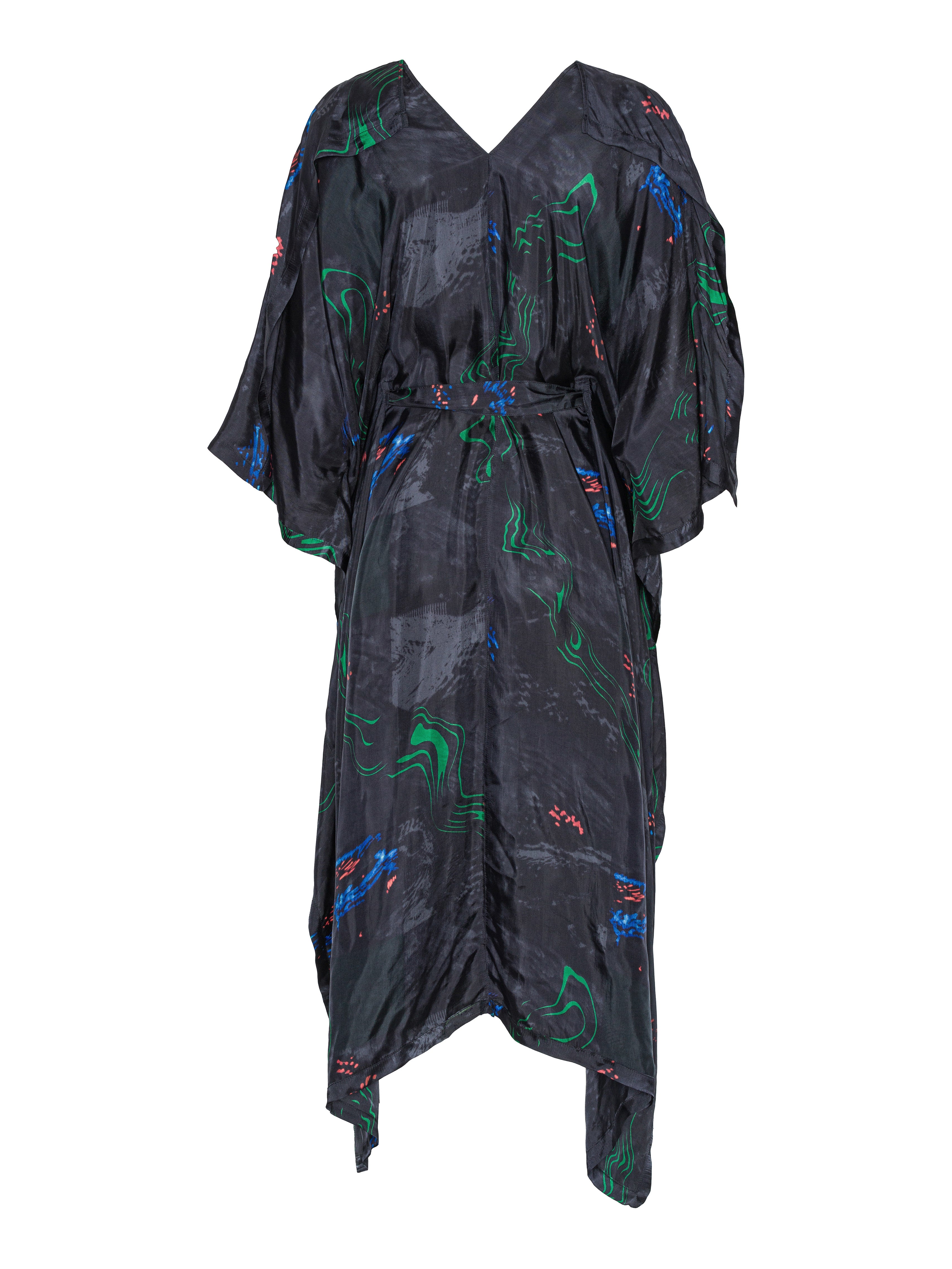 Black dress with colorful firework patterns from Henrik Vibskov on a white background