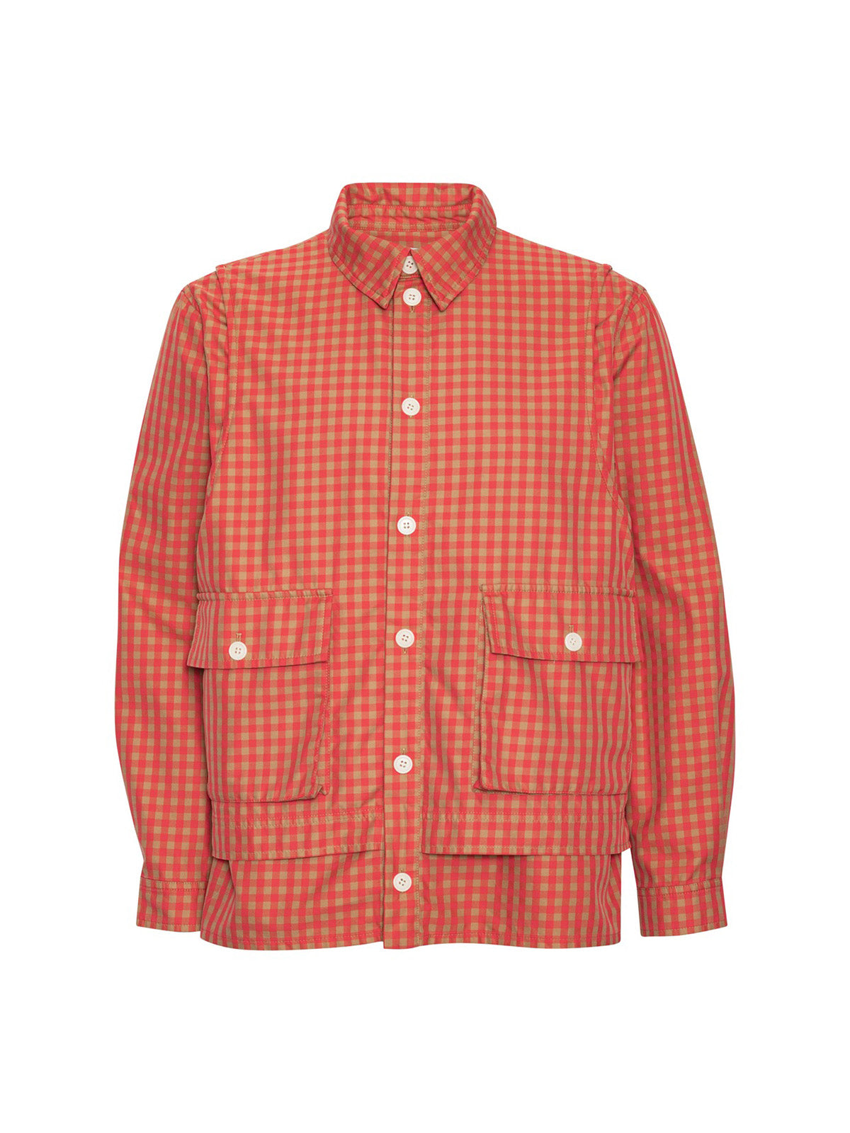 Henrik Vibskov Vest Shirt Red Beige Checks, flat lay front, red and beige gingham organic cotton shirt with four patch pockets and white buttons
