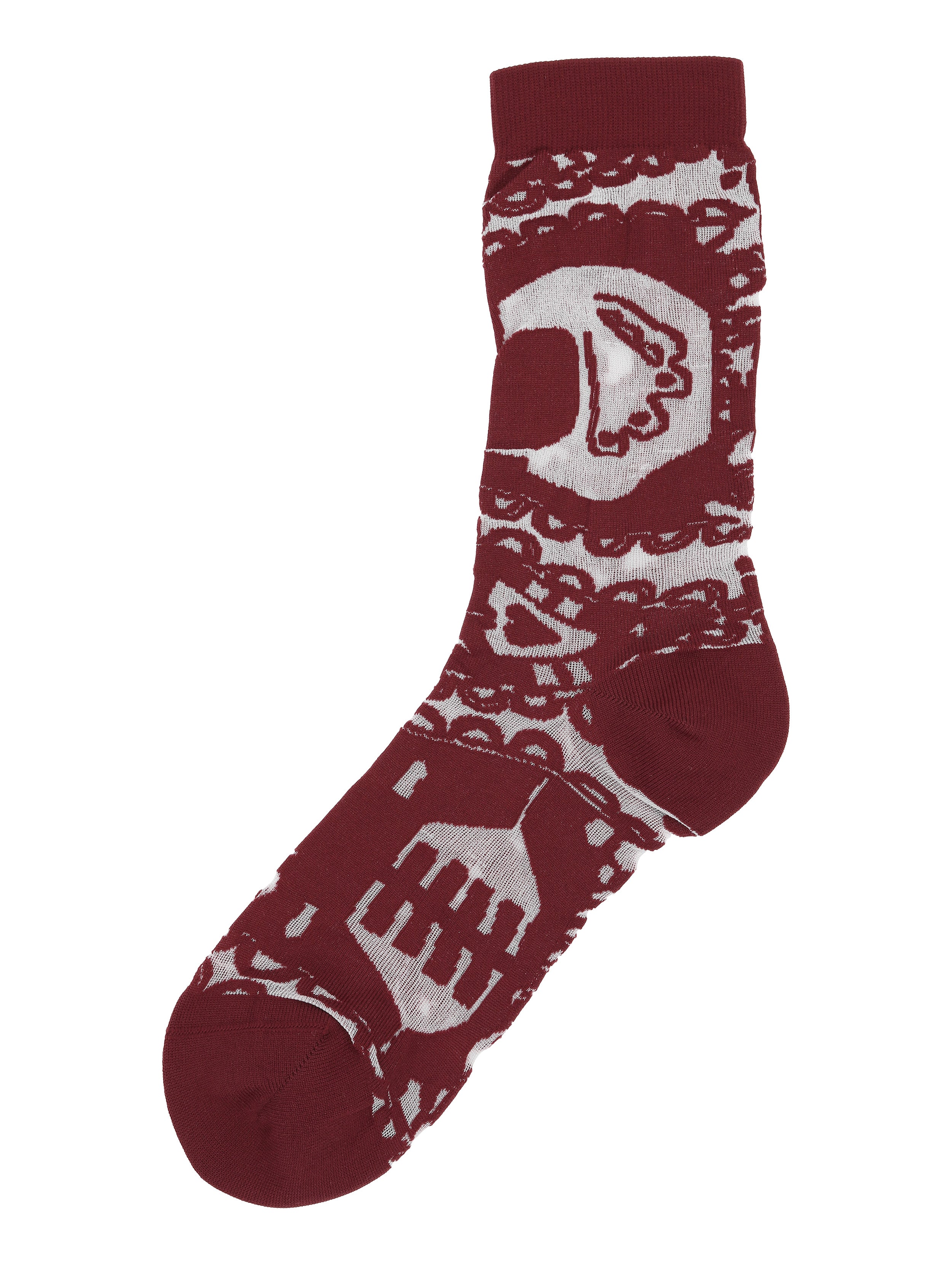 Front view of Victorian Socks Femme in Lilac Victorian with a purple-red tone and abstract Victorian-style illustration in semi-transparent material.