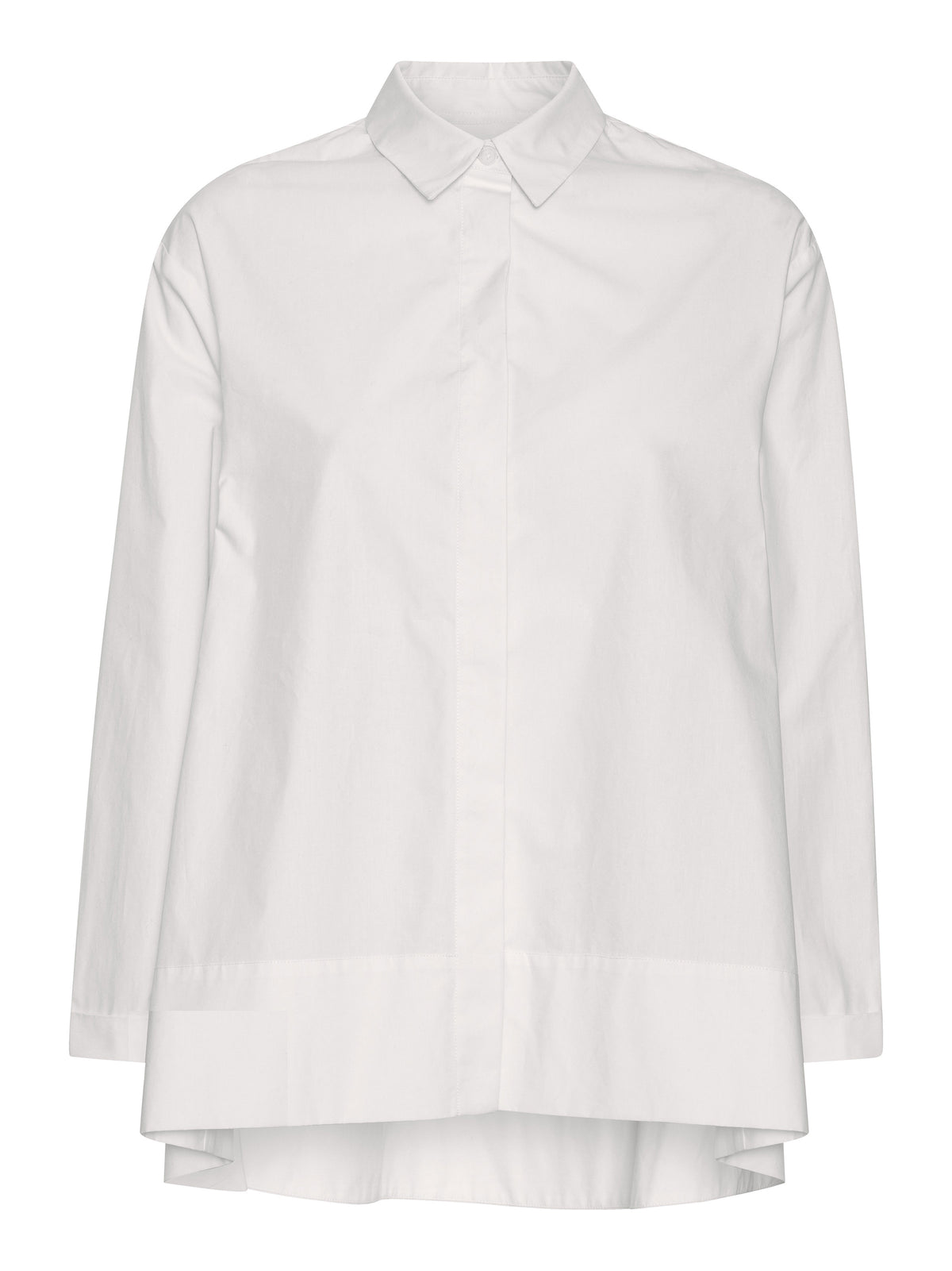 Henrik Vibskov Wind In Blouse in White with classic collar, long sleeves, hidden button placket and layered high low hem.