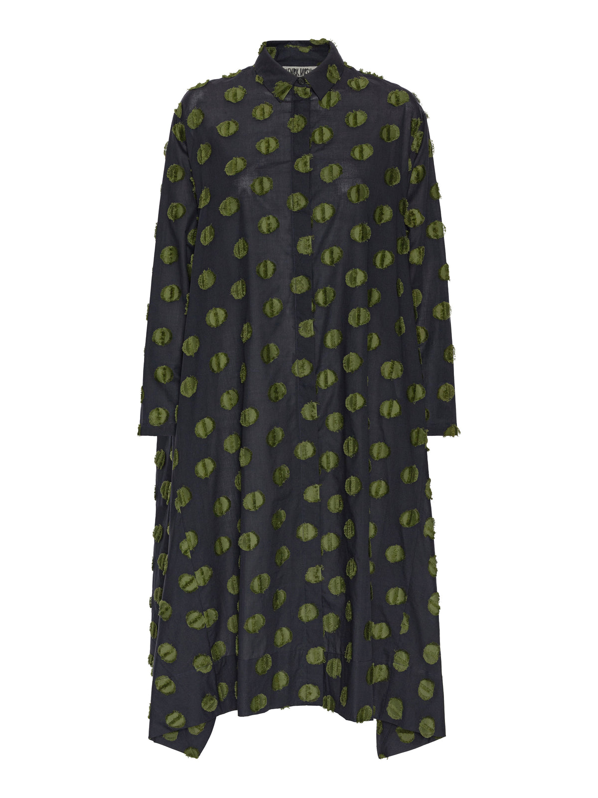 Image 1: Henrik Vibskov Wind In Dress in Black Green Dots shown from the front, featuring textured green dots, a pointed collar, long sleeves and asymmetric hem.