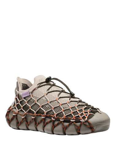 Henrik Vibskov x KEEN UNEEK 360 Mens Sneaker in Brindle Scarlet Ibis - side view showing knit upper with olive and orange cord detailing on sculpted grey sole