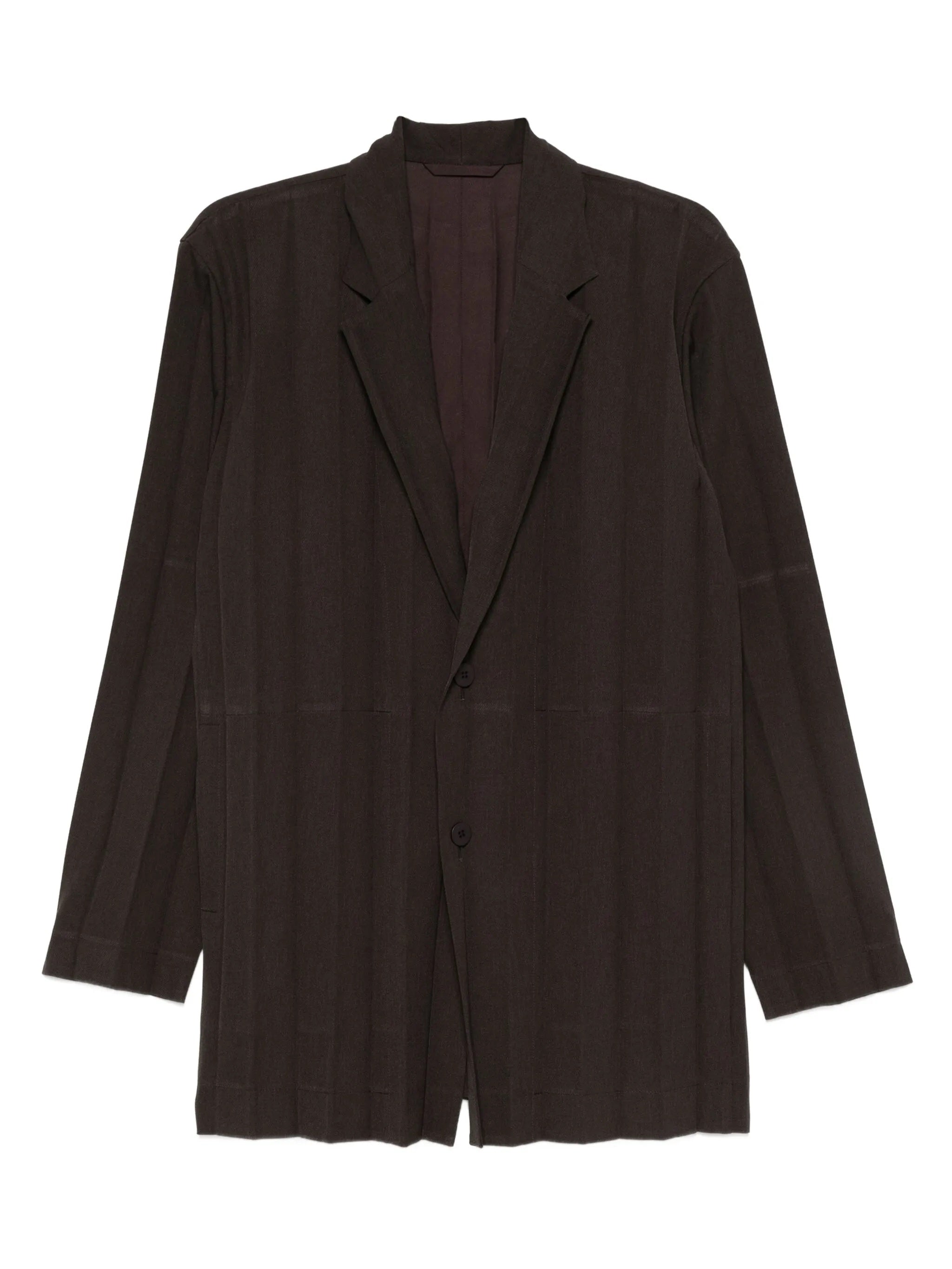 Dark brown blazer with wide pleats on a white background