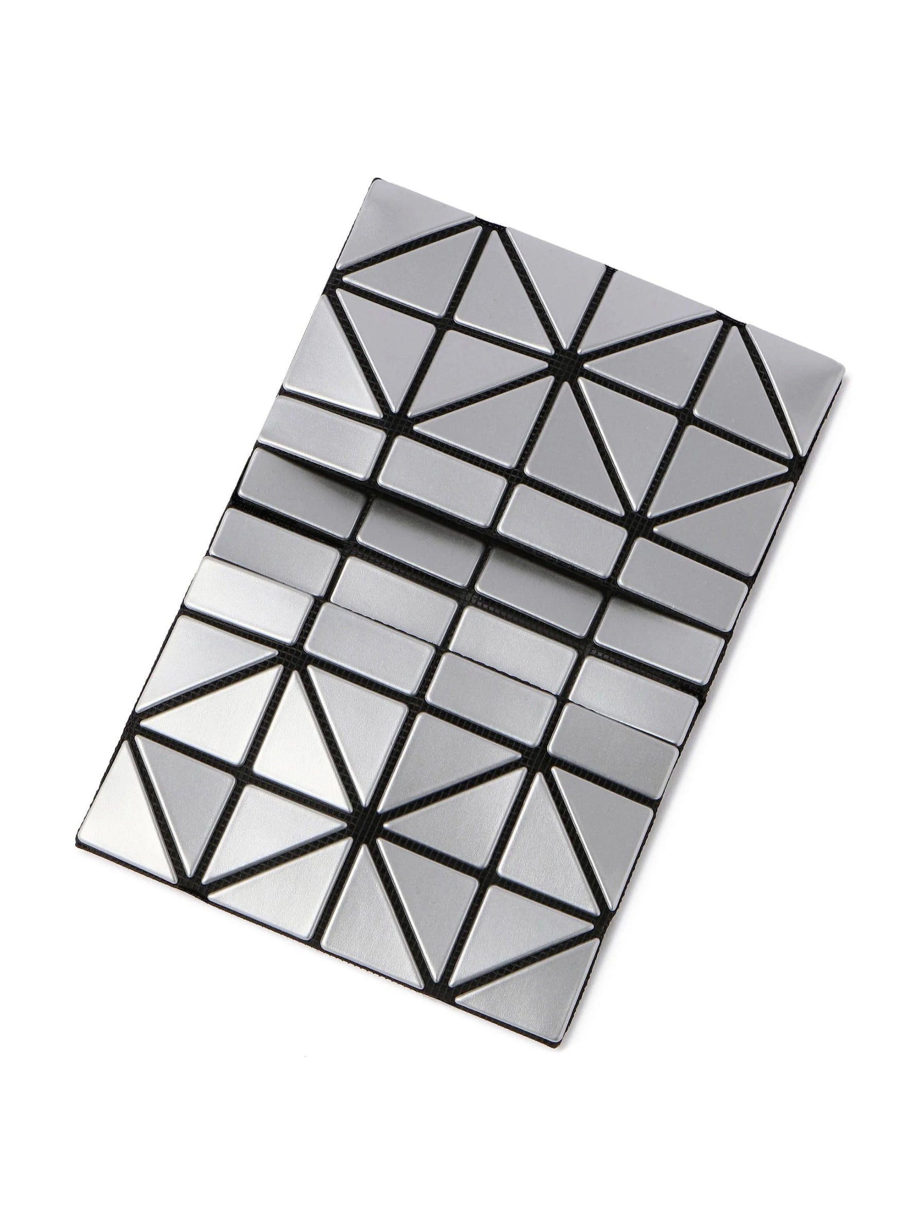 Bao Bao Issey Miyake August AW26 Card Case in Silver, open view showing bi-fold interior and two card pockets