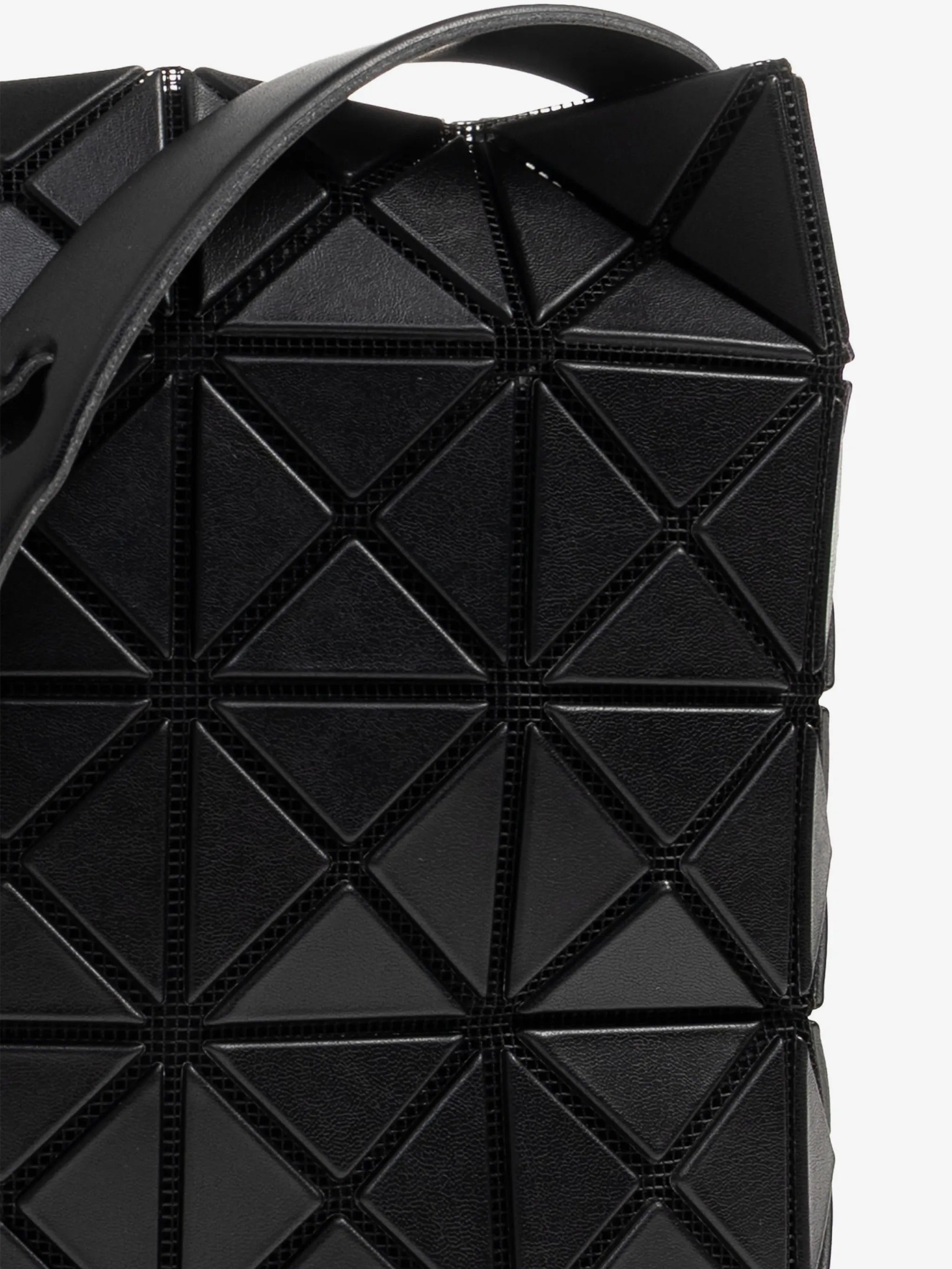 Close-up of Bao Bao Issey Miyake Prism Matte Shoulder Bag in matte black showing triangular panels, tonal finish and structured surface
