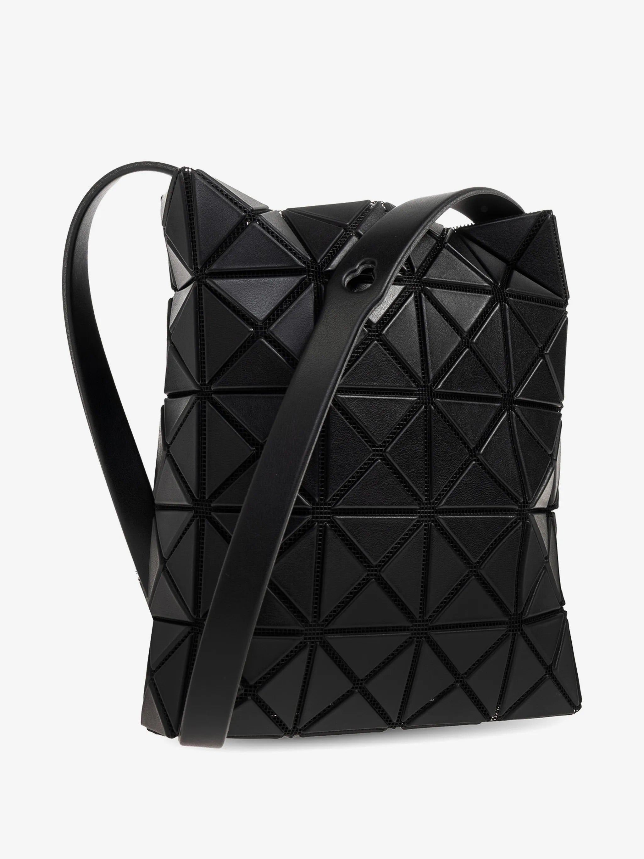Side view of Bao Bao Issey Miyake Prism Matte Shoulder Bag in matte black with adjustable shoulder strap and geometric silhouette