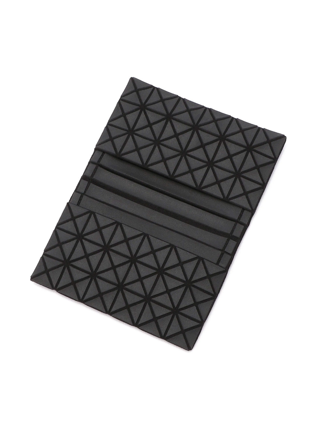 Bao Bao Issey Miyake Kuro Oyster Card Case in matte black shown open with internal card slots and geometric embossed panel texture