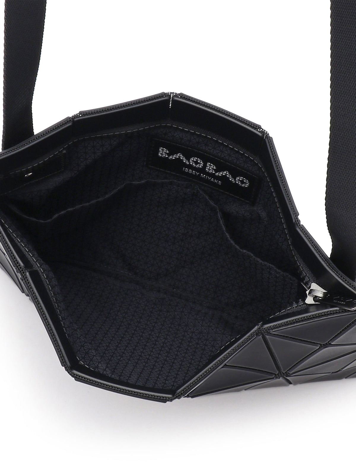 BAO BAO ISSEY MIYAKE Lucent Matte Shoulder Bag 3x5 in Matte Black shown open from above, revealing the dark interior, structured geometric sides and shoulder straps.