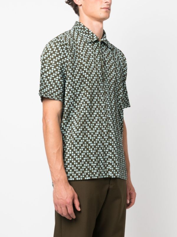 Issey Miyake Homme Plissé - button polo in khaki and light blue squares - 3