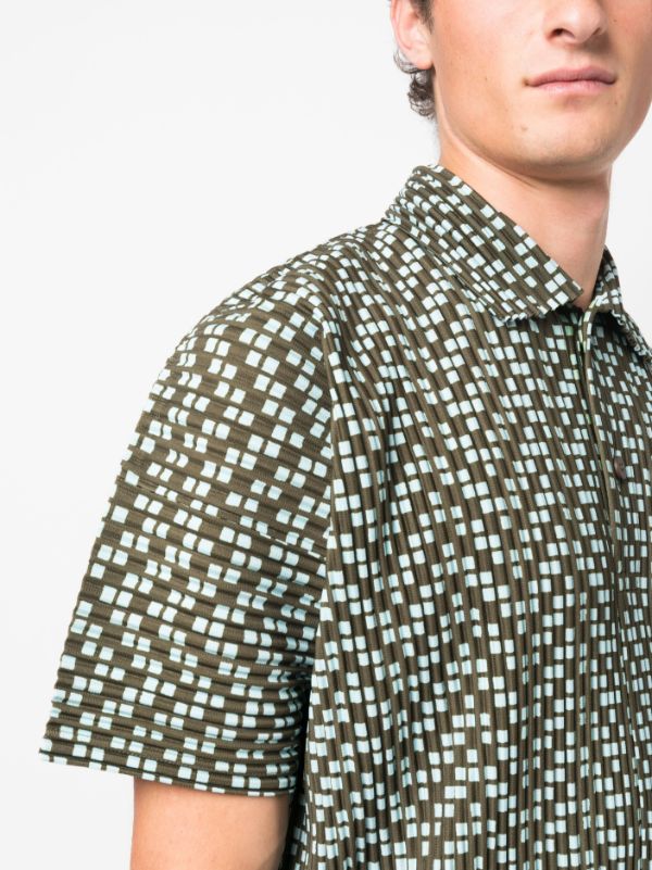 Issey Miyake Homme Plissé - button polo in khaki and light blue squares - 5
