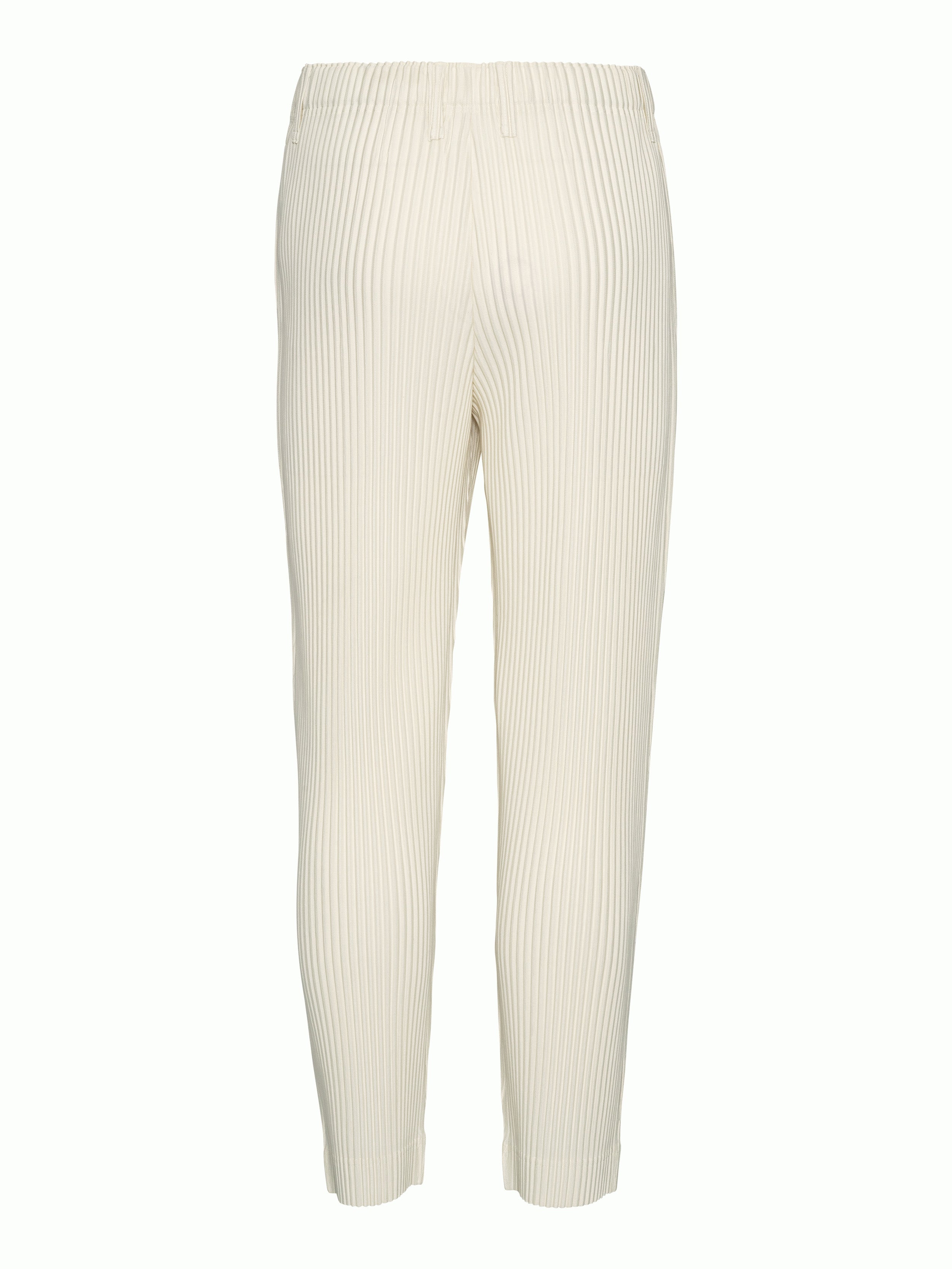 Back view of off-white plissé pants with straight legs from Homme Plissé Issey Miyake