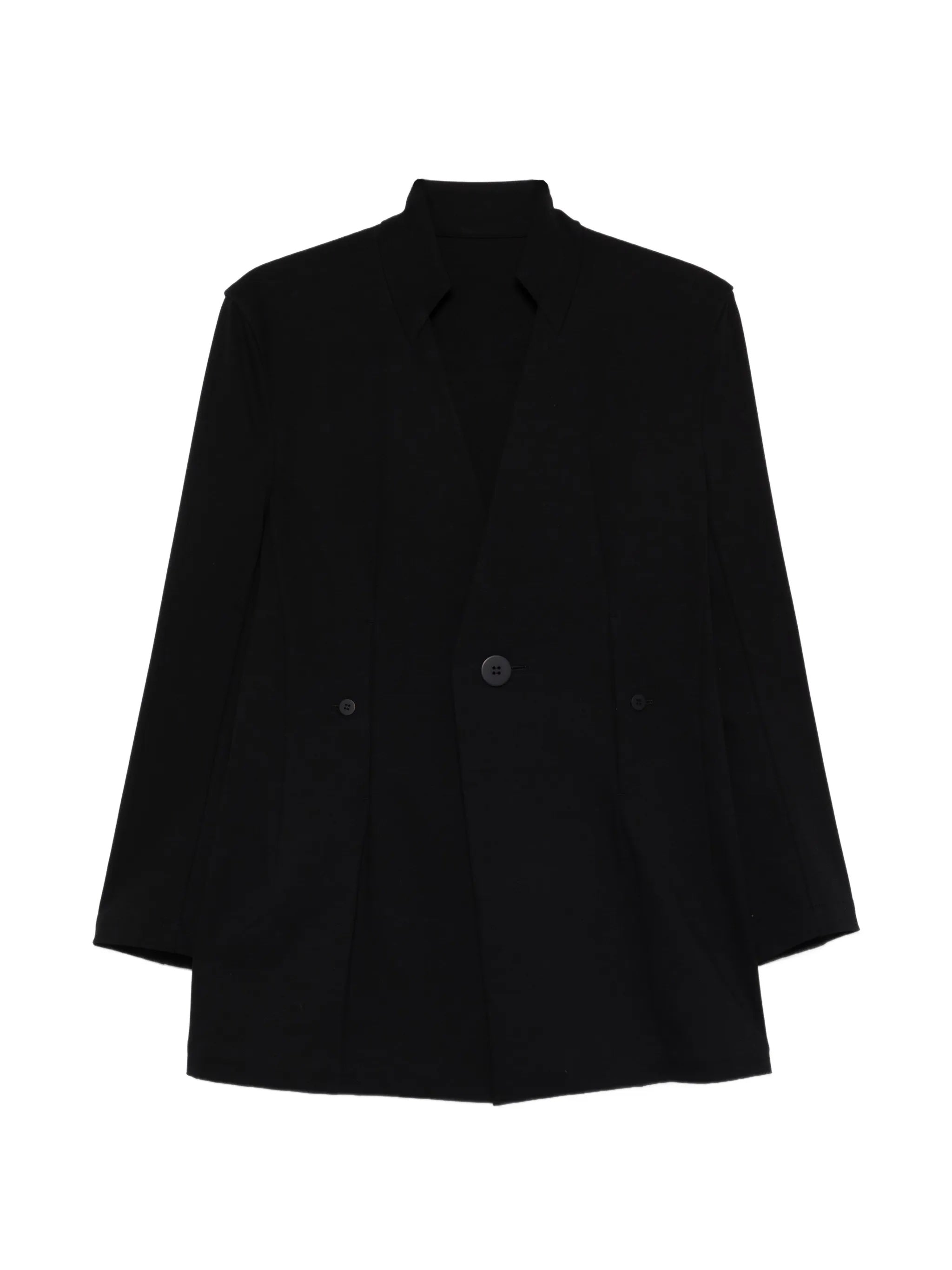 Black, single-breasted blazer from Issey Miyake on a white background