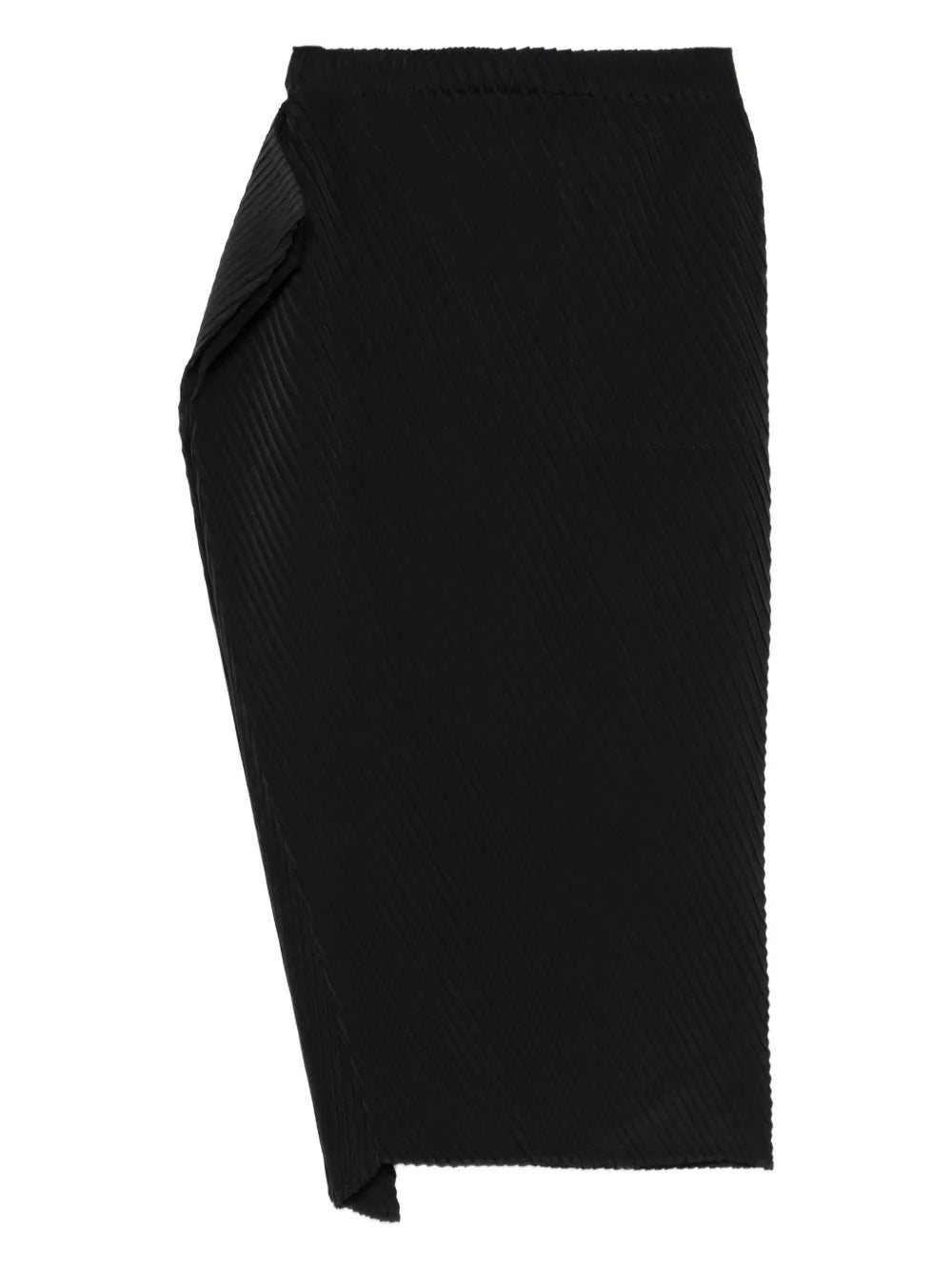 Black pleated skirt with a draped design on a white background