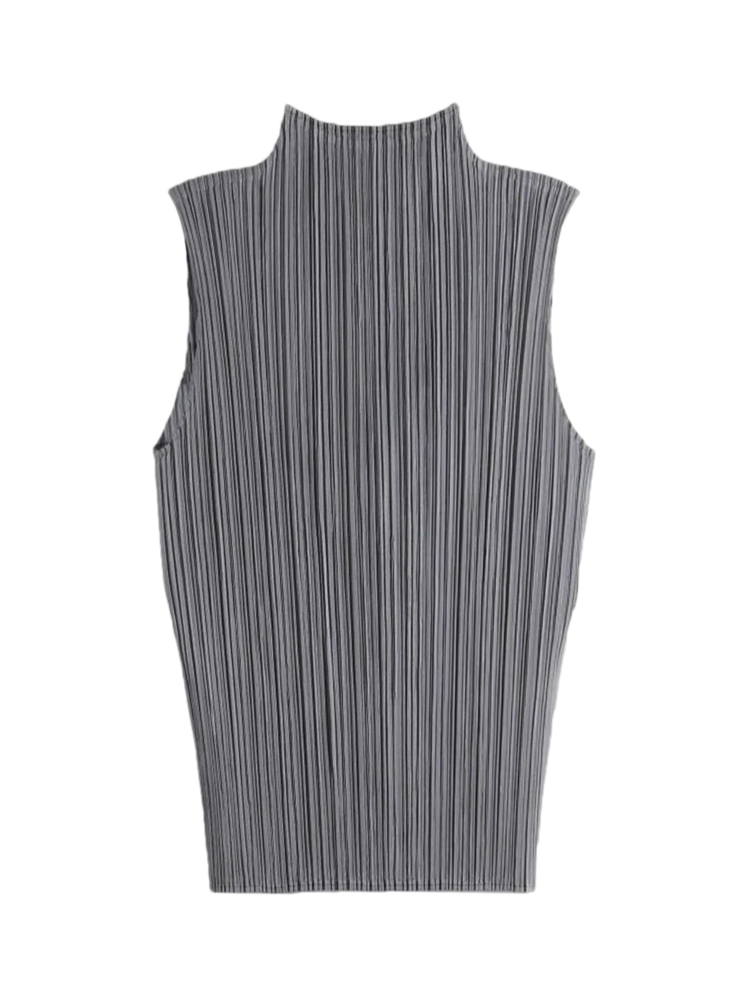 Issey Miyake Pleats Please Basic Mock Neck Sleeveless Shirt in Grey, front view, signature fine vertical pleating, mock neck, sleeveless, fitted torso, peplum hem, cool mid-grey, SS26
