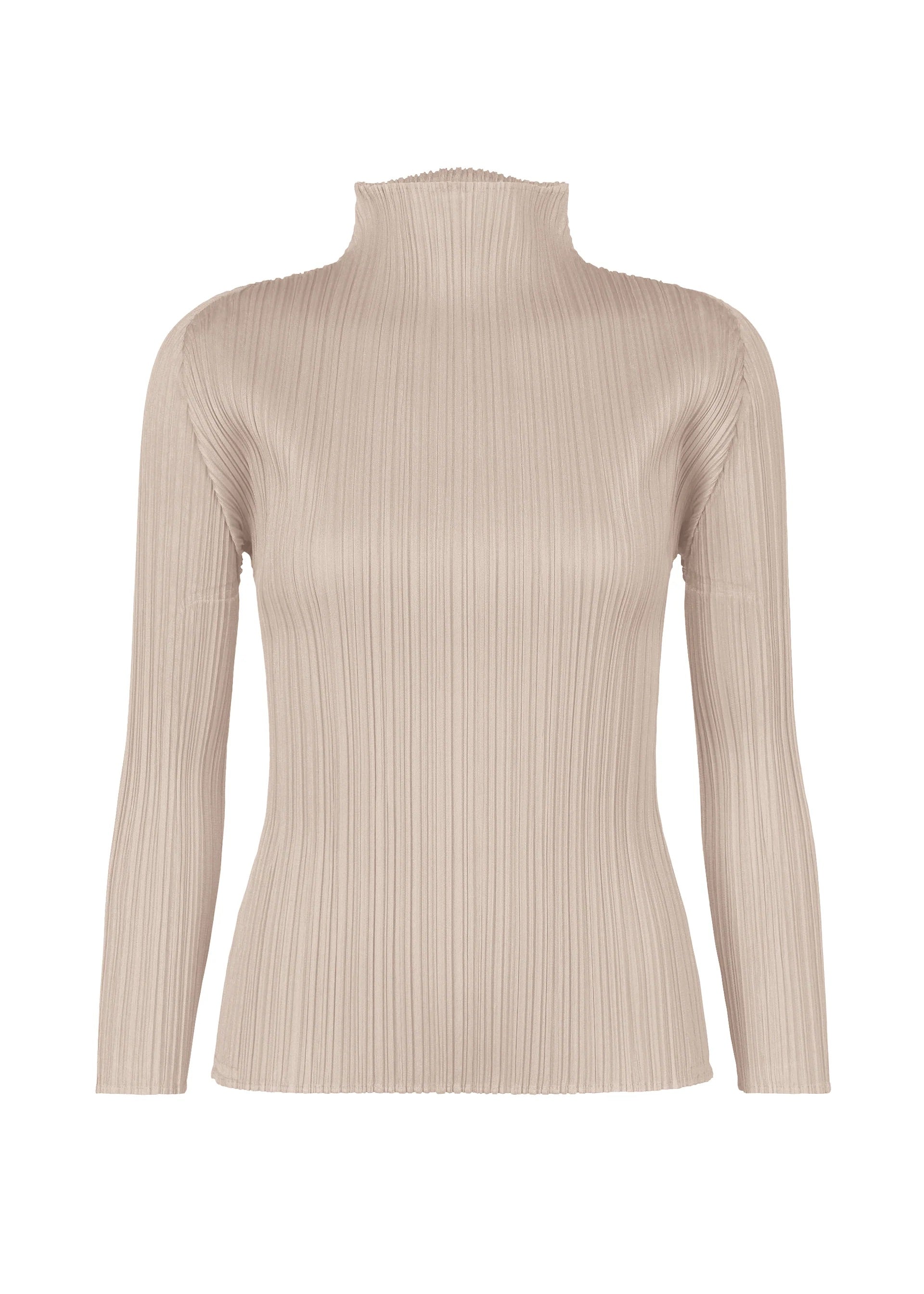 Issey Miyake Pleats Please New Basic Mock Neck Long Sleeve Shirt in Greige, front view, signature fine vertical pleating, wide mock neck, long sleeves, fitted silhouette, warm stone greige, SS26