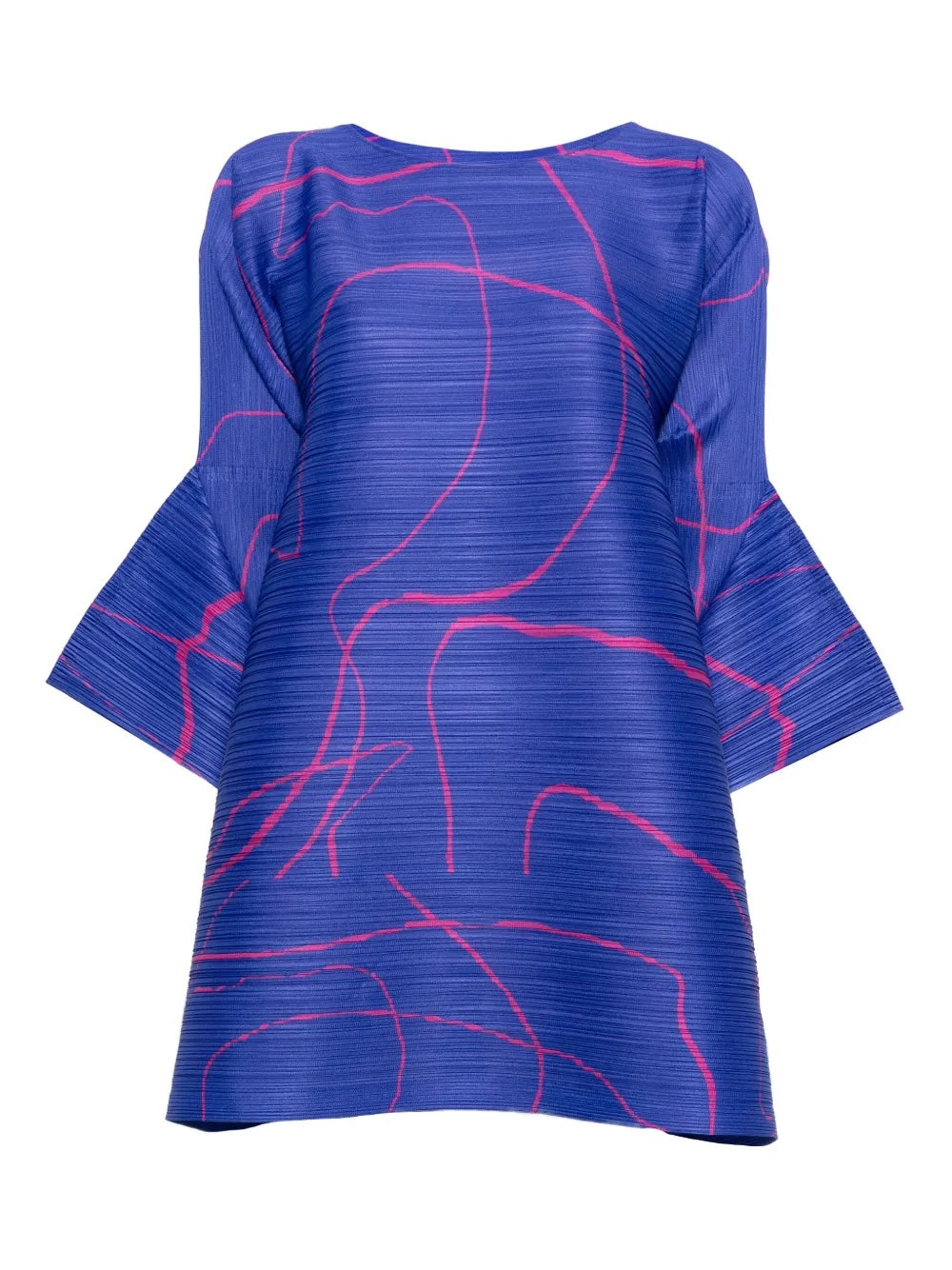 Blue dress with pink abstract patterns on a white background
